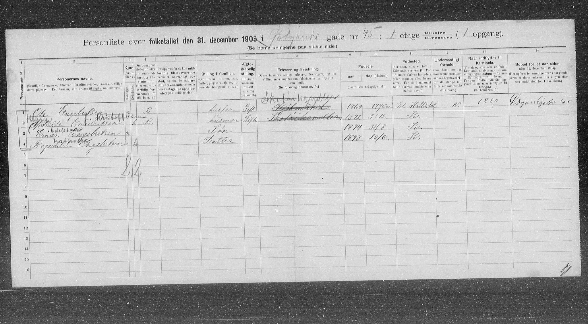 OBA, Municipal Census 1905 for Kristiania, 1905, p. 68016