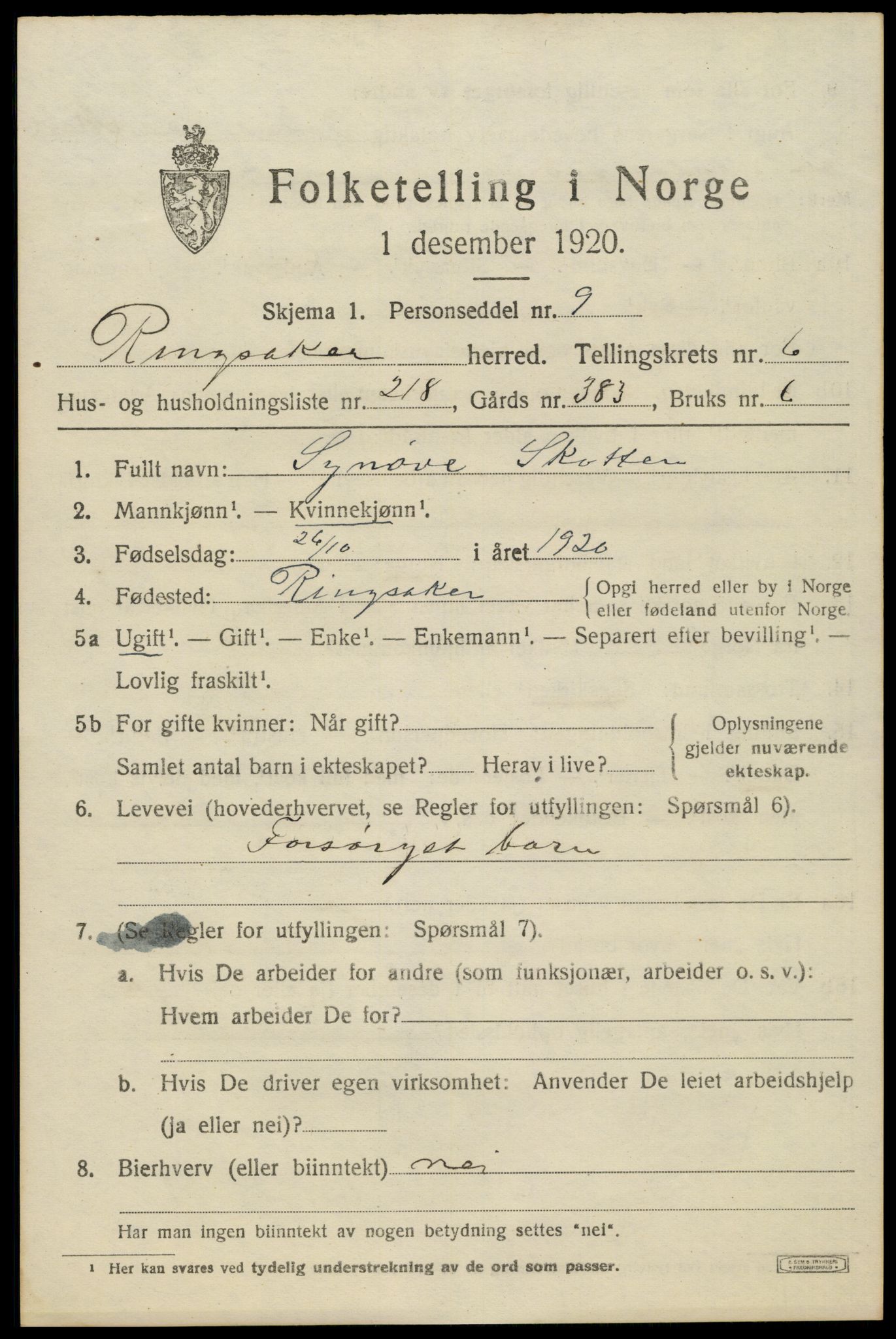 SAH, 1920 census for Ringsaker, 1920, p. 14842