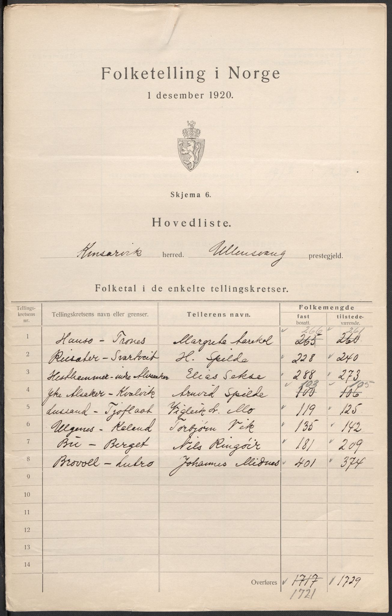 SAB, 1920 census for Kinsarvik, 1920, p. 2