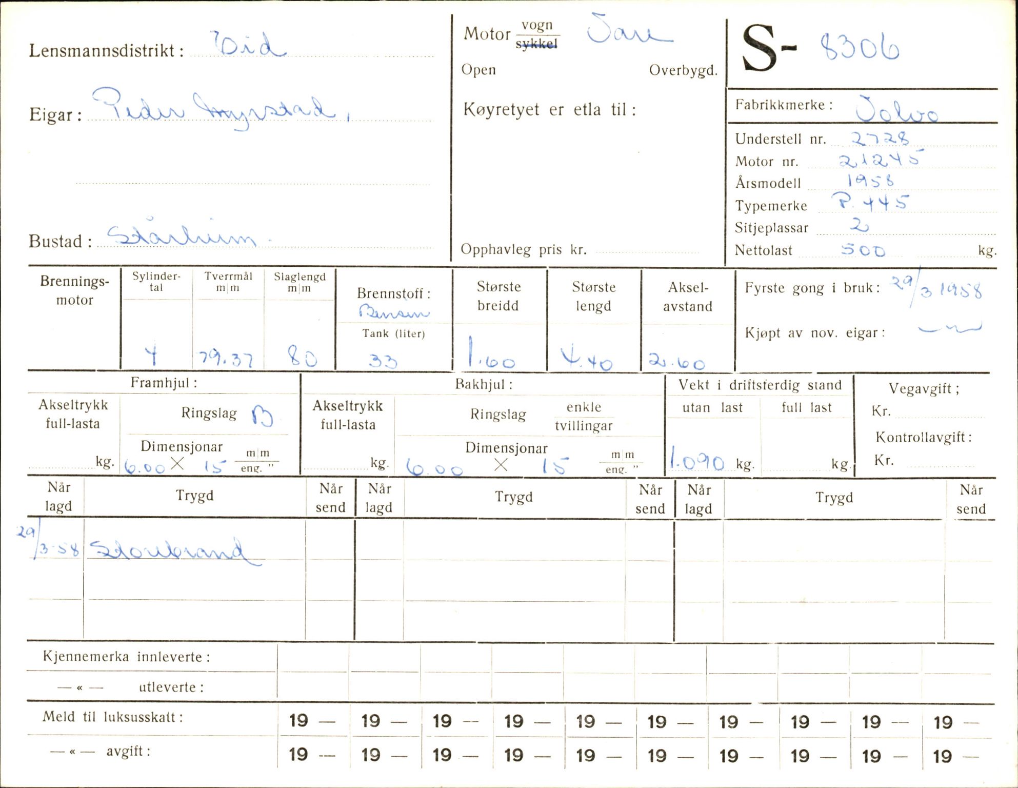 Statens vegvesen, Sogn og Fjordane vegkontor, AV/SAB-A-5301/4/F/L0006: Registerkort utmeldte Fjordane S8300-9500, 1930-1961, p. 12