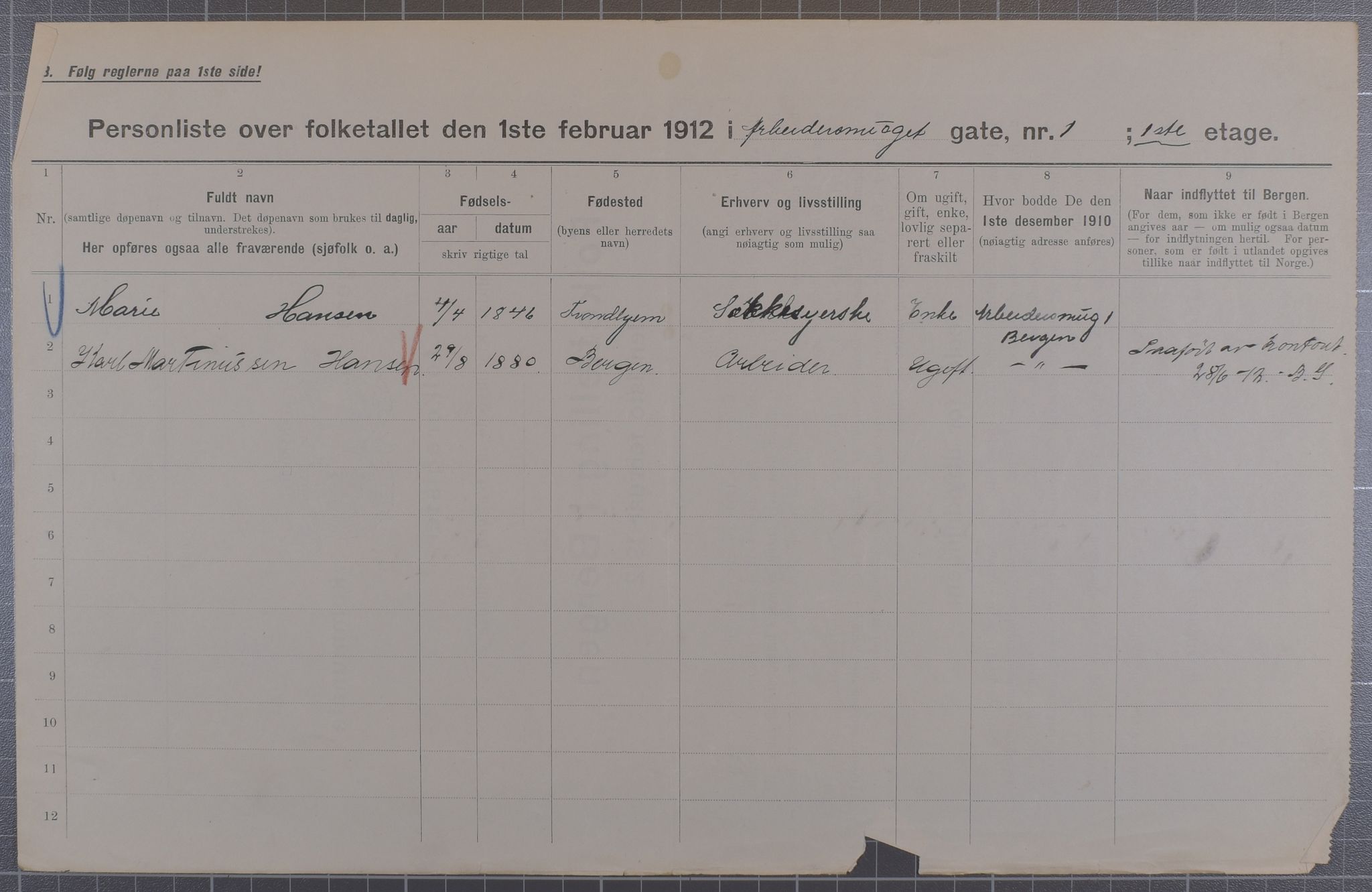 SAB, Municipal Census 1912 for Bergen, 1912, p. 1495