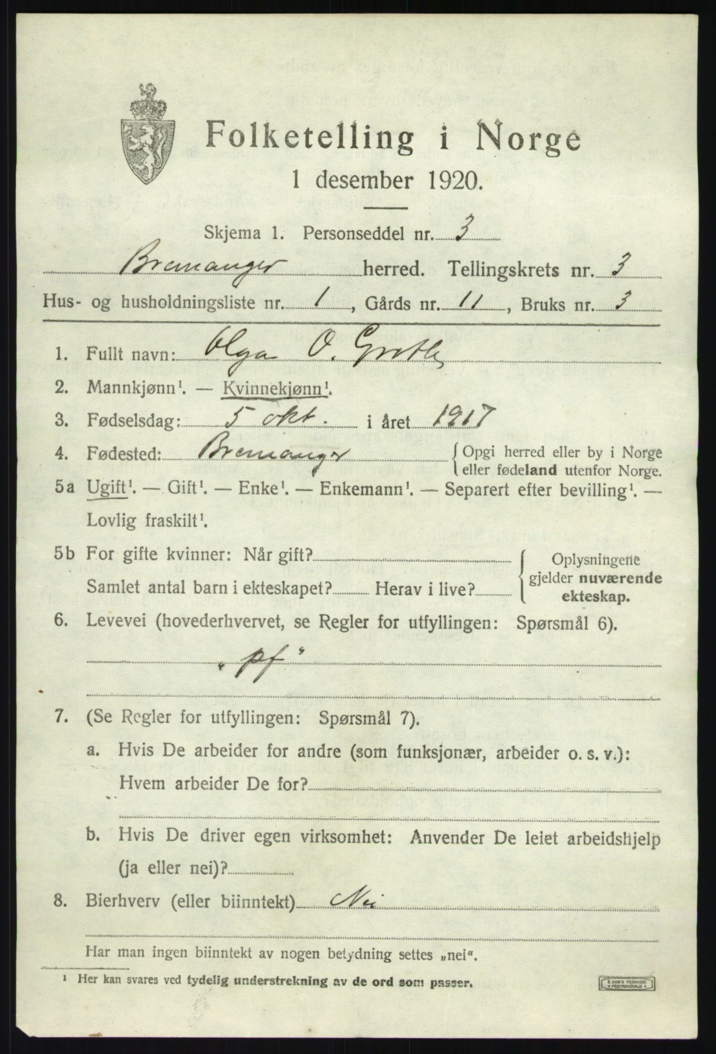 SAB, 1920 census for Bremanger, 1920, p. 2354