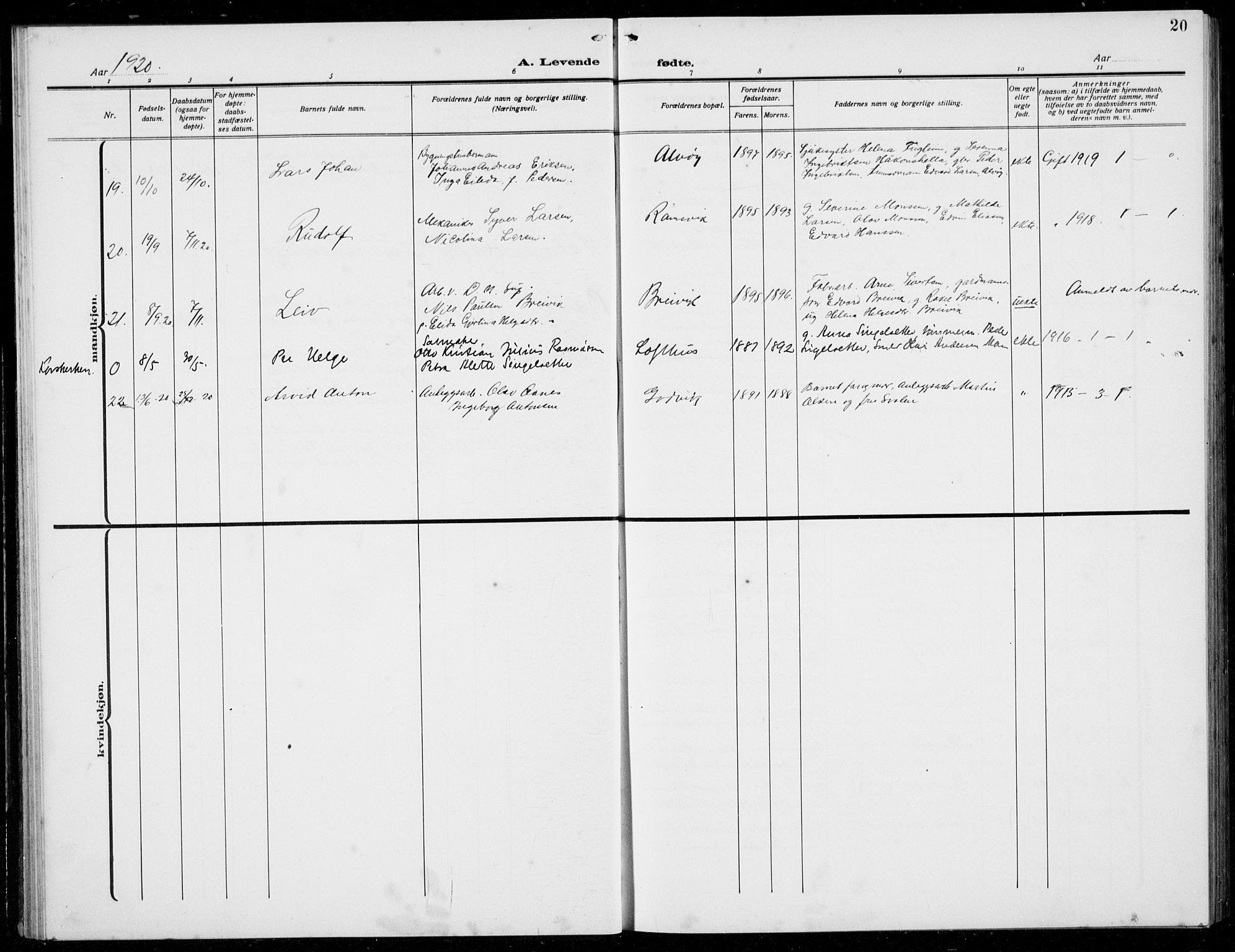 Loddefjord  sokneprestembete, AV/SAB-A-99928: Parish register (copy) no. A  1, 1915-1934, p. 20