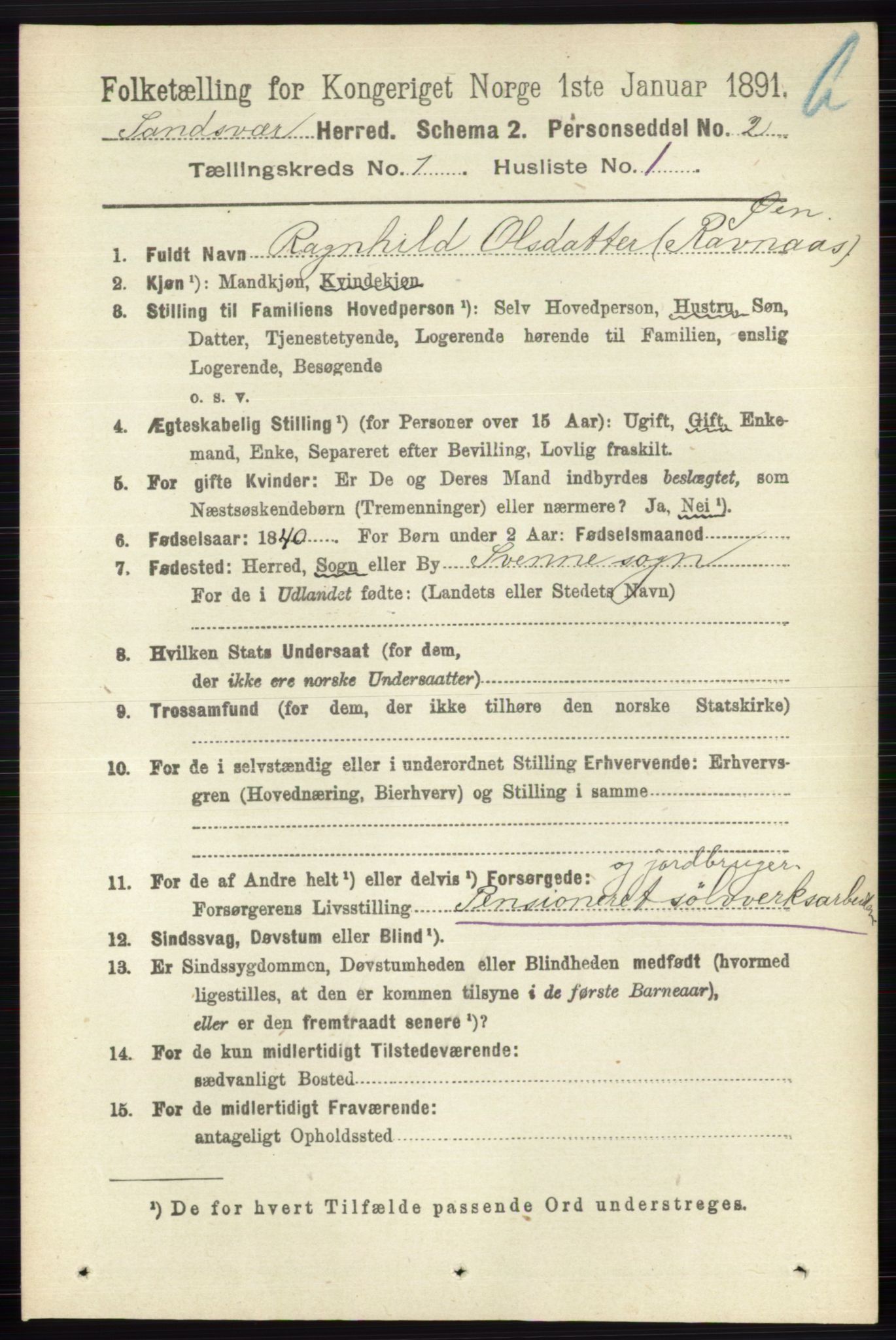 RA, 1891 census for 0629 Sandsvær, 1891, p. 5552