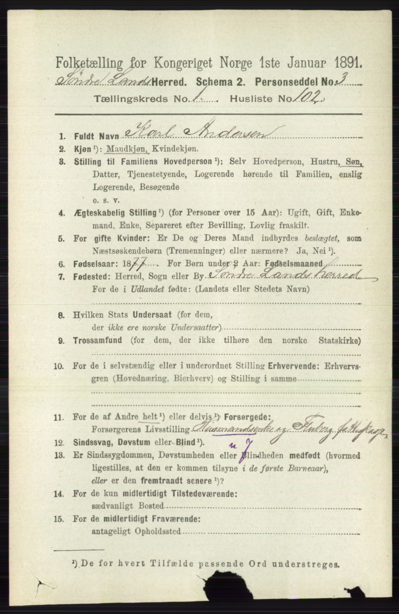 RA, 1891 census for 0536 Søndre Land, 1891, p. 829