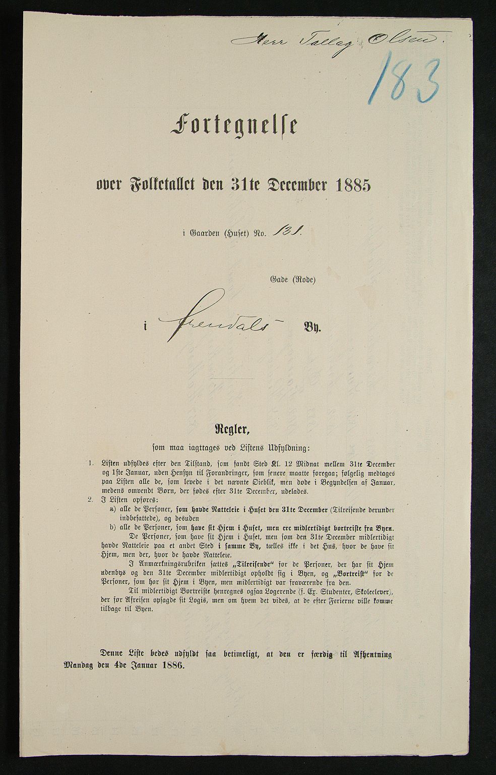 SAK, 1885 census for 0903 Arendal, 1885, p. 183