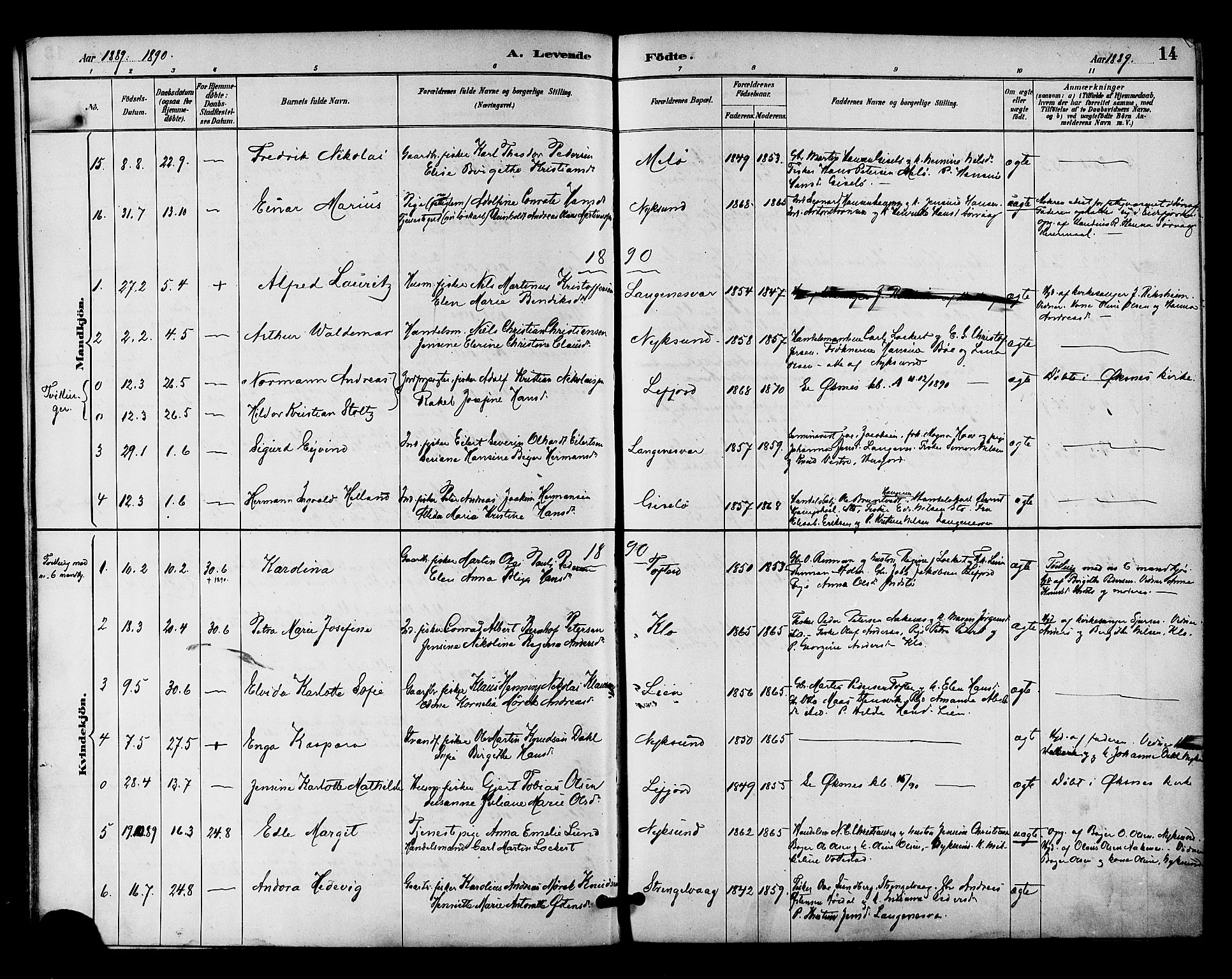 Ministerialprotokoller, klokkerbøker og fødselsregistre - Nordland, AV/SAT-A-1459/894/L1355: Parish register (official) no. 894A01, 1885-1896, p. 14