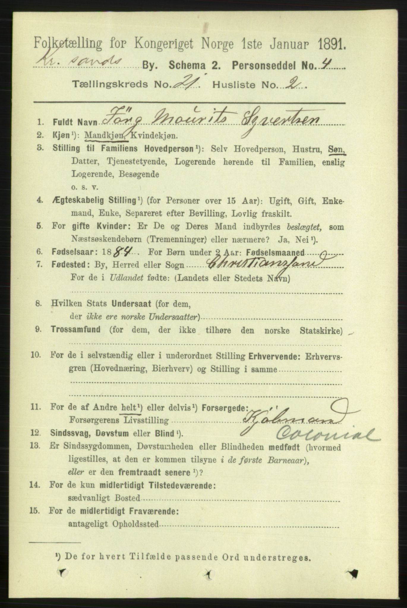 RA, 1891 census for 1001 Kristiansand, 1891, p. 7863