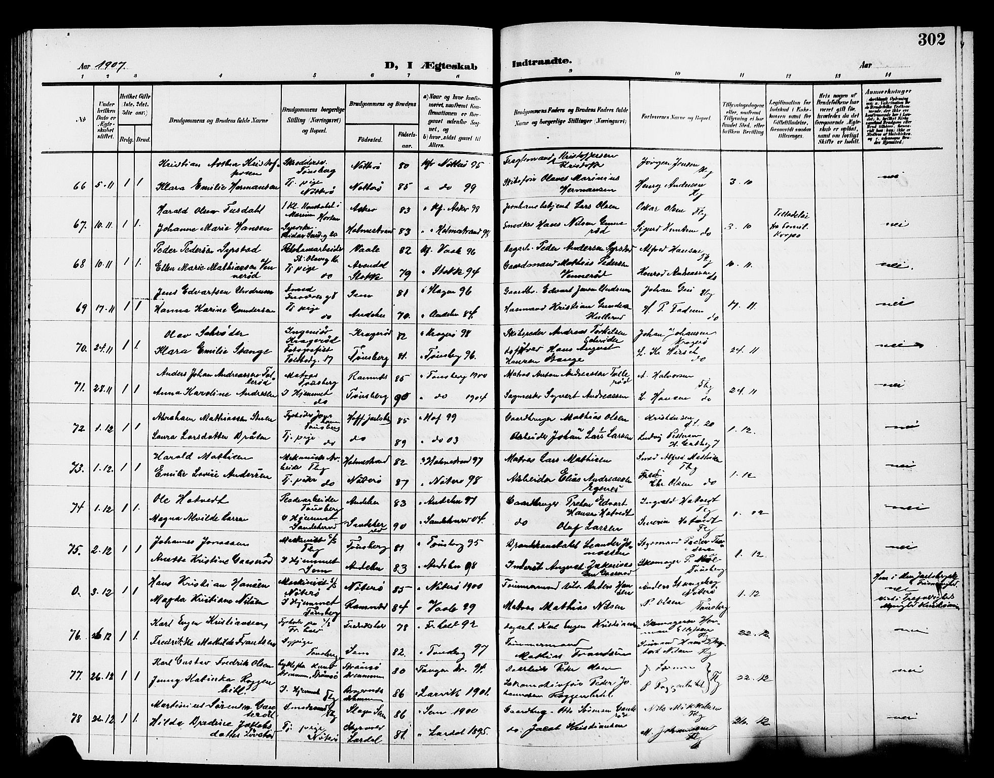 Tønsberg kirkebøker, AV/SAKO-A-330/G/Ga/L0008: Parish register (copy) no. 8, 1905-1912, p. 302