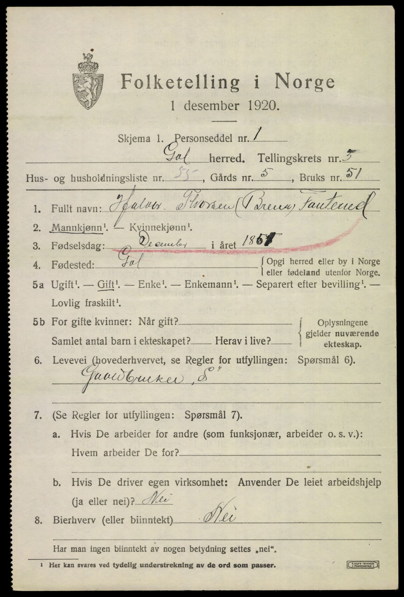 SAKO, 1920 census for Gol, 1920, p. 2726