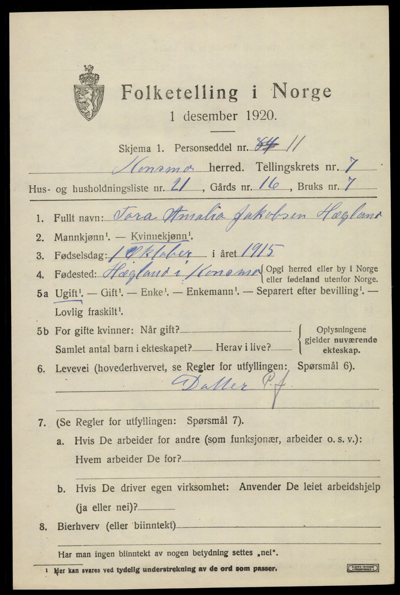 SAK, 1920 census for Konsmo, 1920, p. 1628