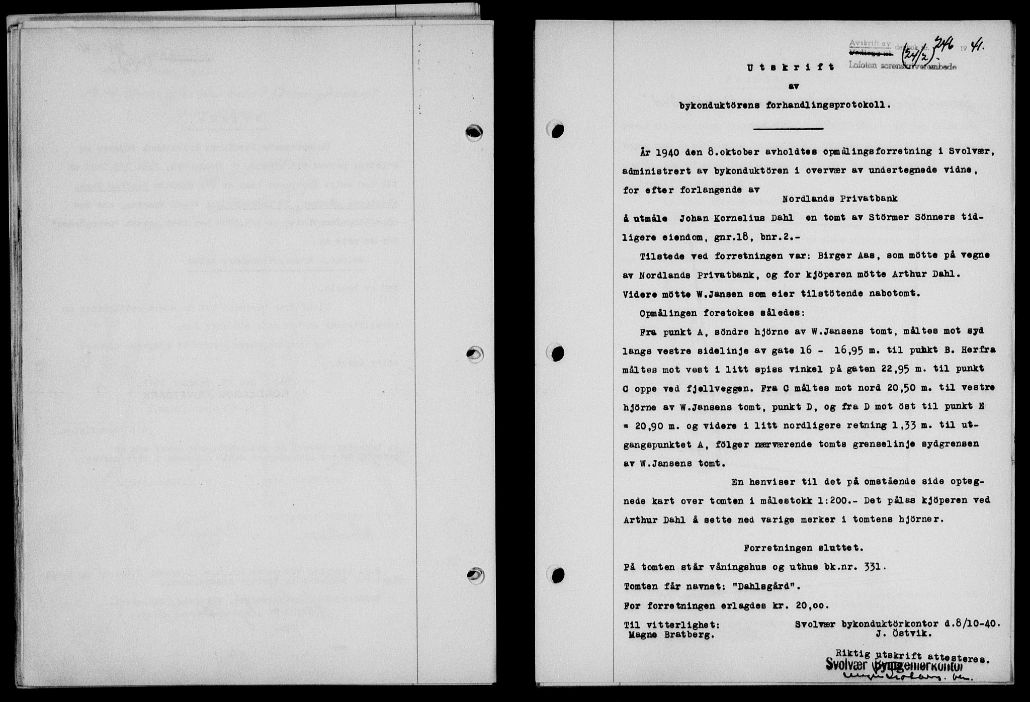 Lofoten sorenskriveri, SAT/A-0017/1/2/2C/L0008a: Mortgage book no. 8a, 1940-1941, Diary no: : 246/1941