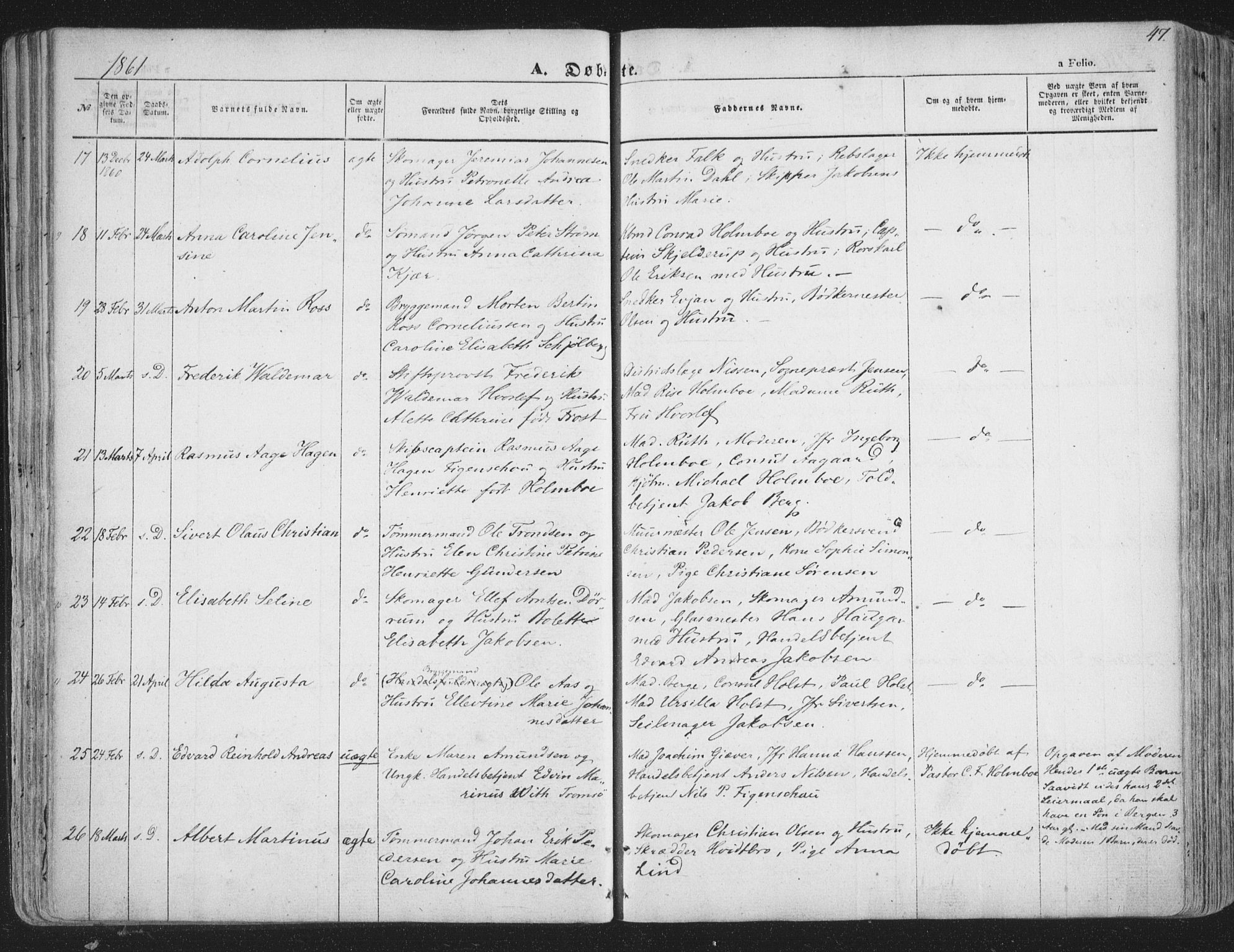Tromsø sokneprestkontor/stiftsprosti/domprosti, SATØ/S-1343/G/Ga/L0011kirke: Parish register (official) no. 11, 1856-1865, p. 47