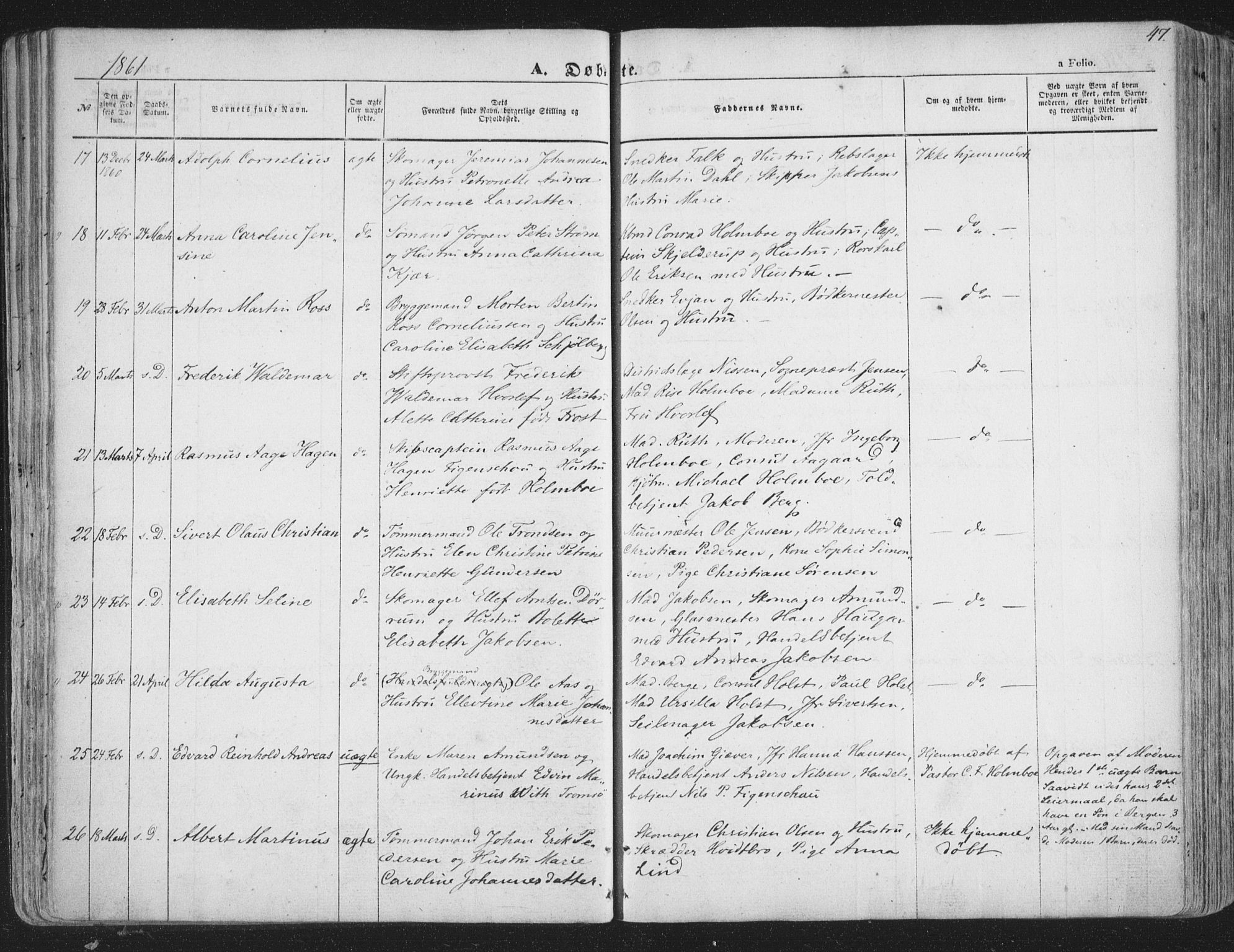 Tromsø sokneprestkontor/stiftsprosti/domprosti, AV/SATØ-S-1343/G/Ga/L0011kirke: Parish register (official) no. 11, 1856-1865, p. 47