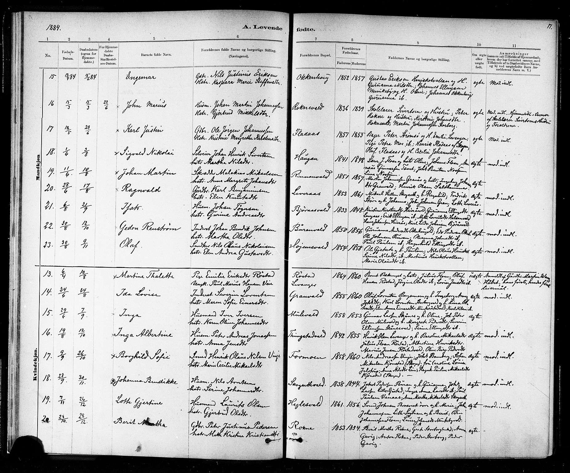 Ministerialprotokoller, klokkerbøker og fødselsregistre - Nord-Trøndelag, SAT/A-1458/721/L0208: Parish register (copy) no. 721C01, 1880-1917, p. 17