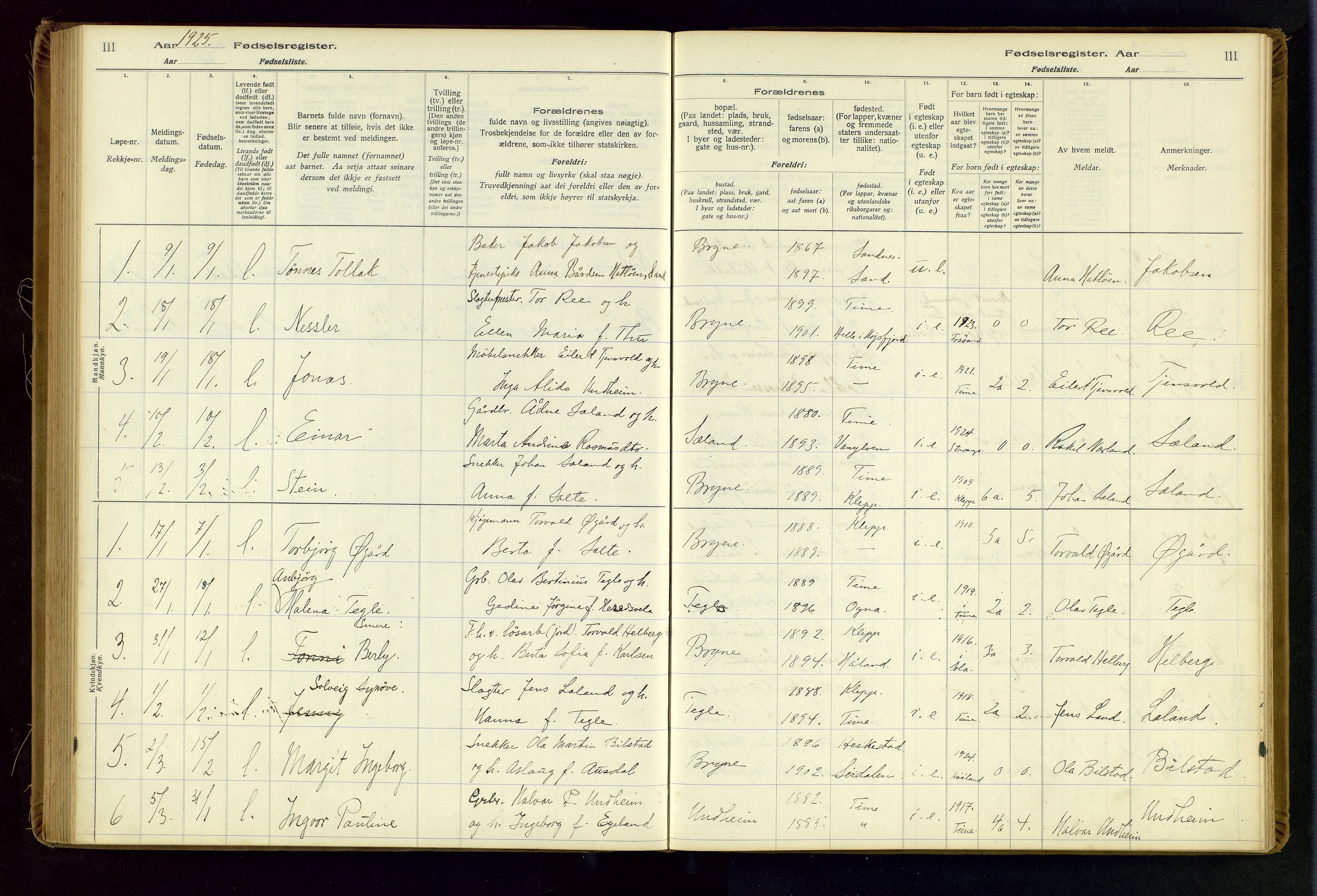 Time sokneprestkontor, SAST/A-101795/001/704BA/L0001: Birth register no. 1, 1916-1934, p. 111