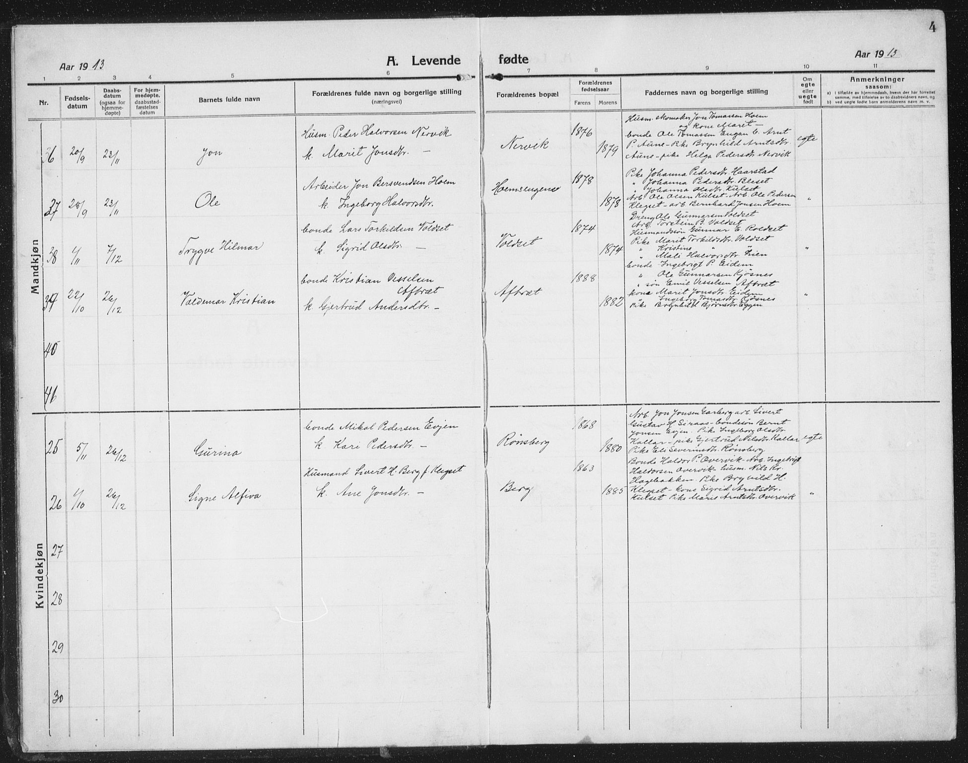 Ministerialprotokoller, klokkerbøker og fødselsregistre - Sør-Trøndelag, SAT/A-1456/695/L1158: Parish register (copy) no. 695C09, 1913-1940, p. 4