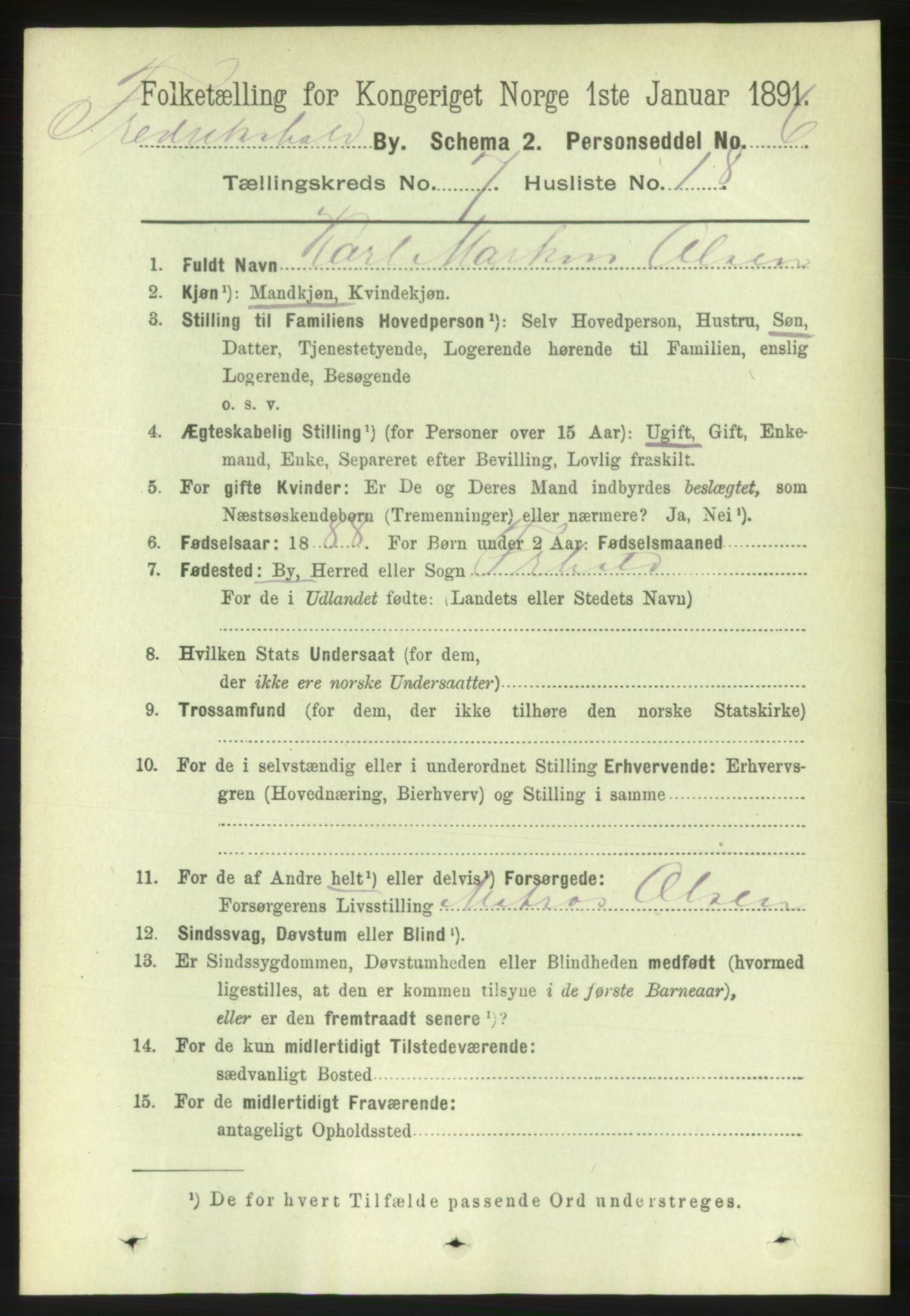 RA, 1891 census for 0101 Fredrikshald, 1891, p. 5245