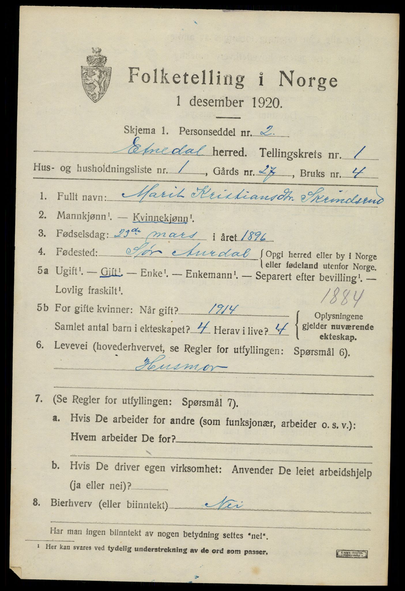 SAH, 1920 census for Etnedal, 1920, p. 792