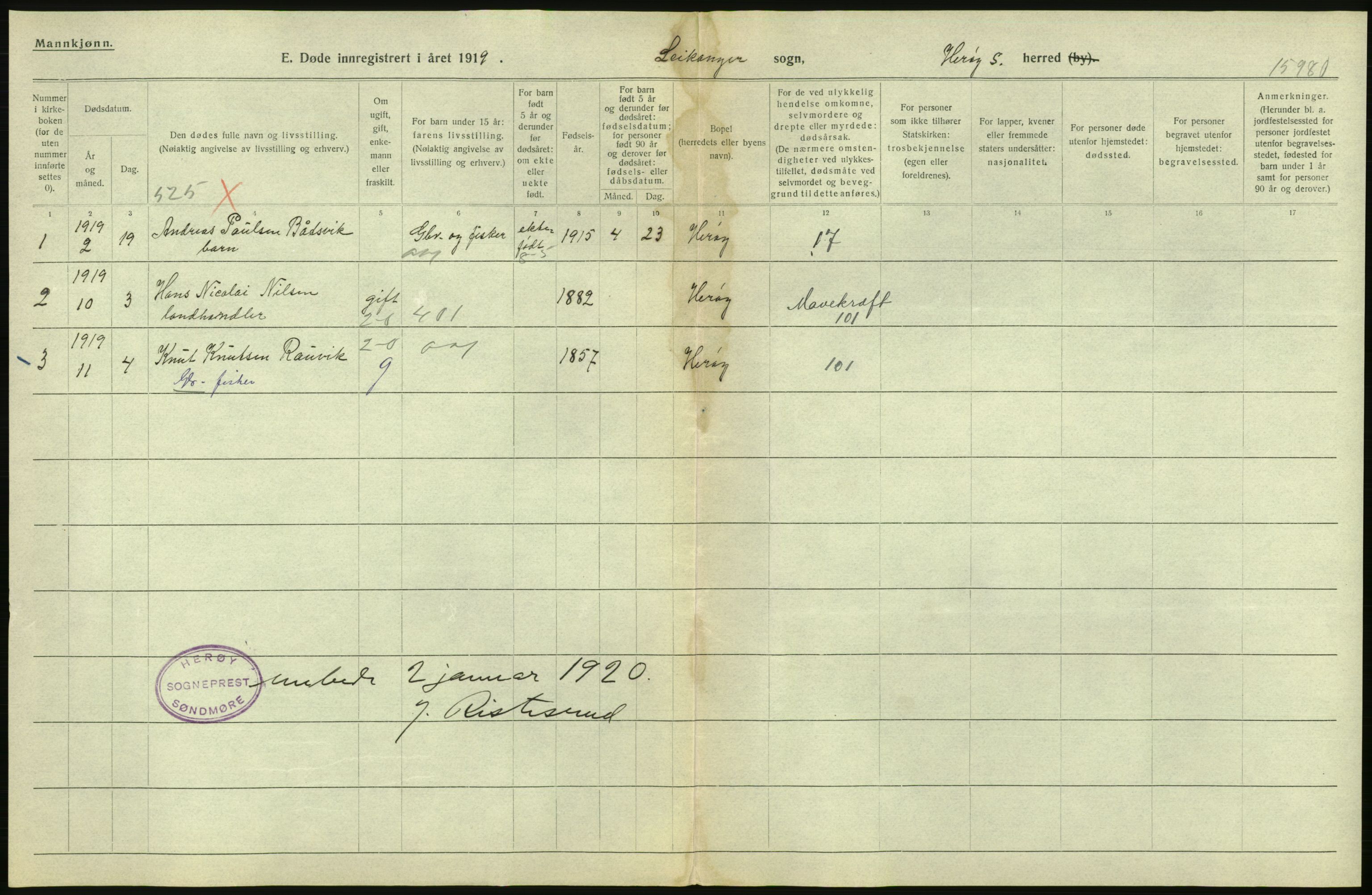 Statistisk sentralbyrå, Sosiodemografiske emner, Befolkning, AV/RA-S-2228/D/Df/Dfb/Dfbi/L0042: Møre fylke: Døde. Bygder og byer., 1919, p. 12