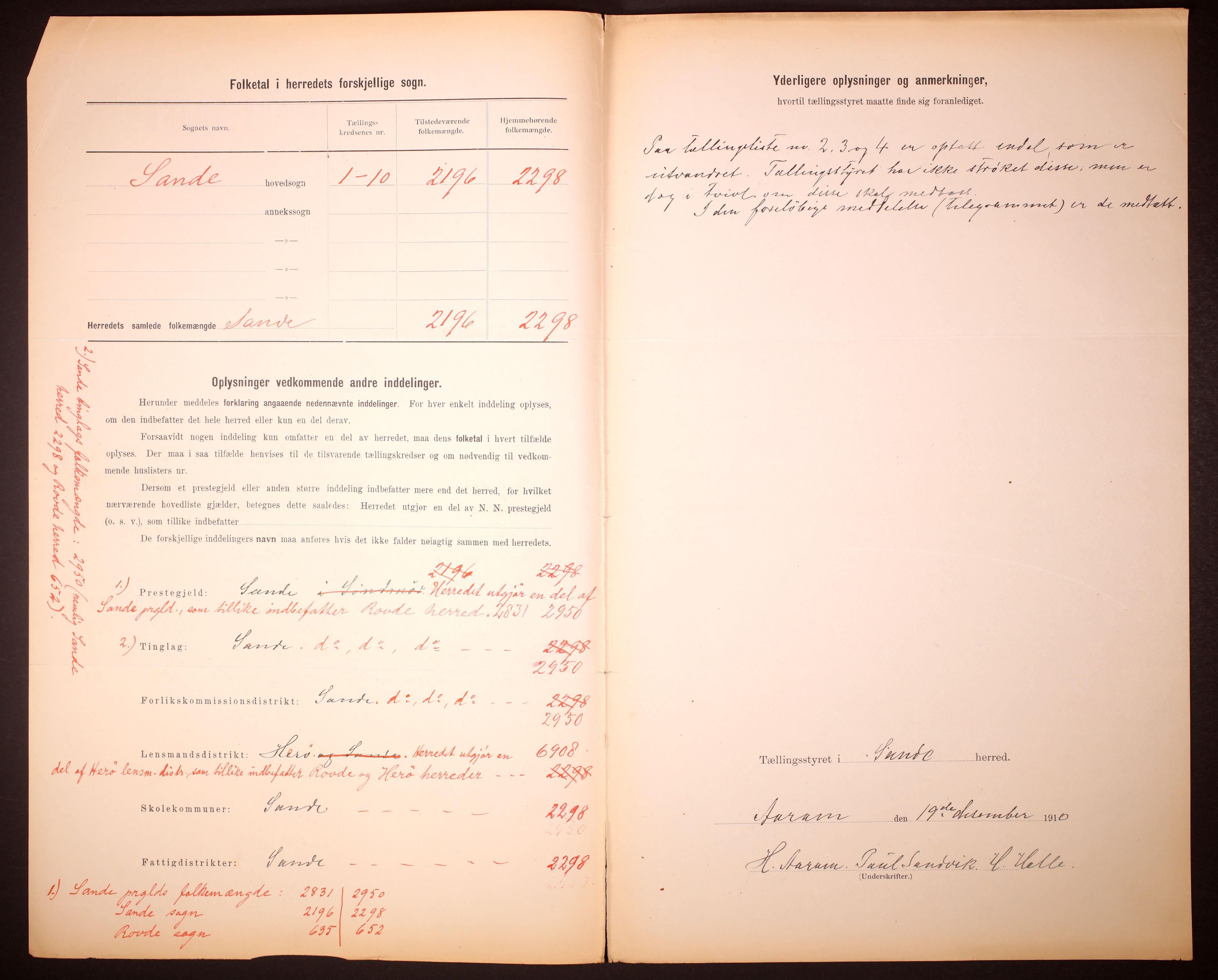 RA, 1910 census for Sande, 1910, p. 3