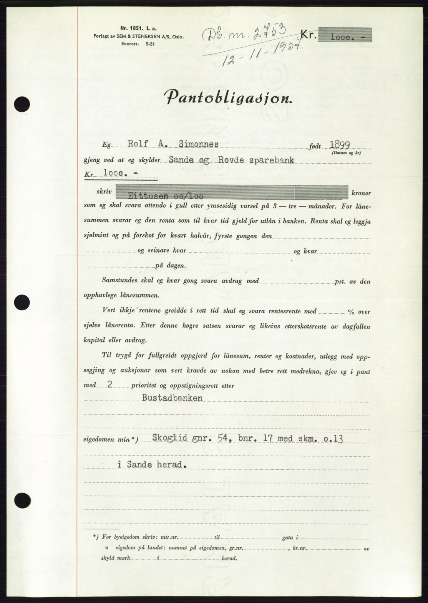 Søre Sunnmøre sorenskriveri, AV/SAT-A-4122/1/2/2C/L0130: Mortgage book no. 18B, 1957-1958, Diary no: : 2753/1957