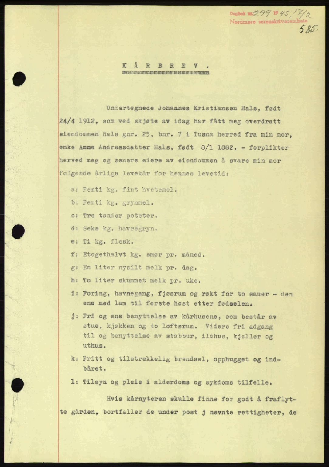 Nordmøre sorenskriveri, AV/SAT-A-4132/1/2/2Ca: Mortgage book no. B92, 1944-1945, Diary no: : 299/1945