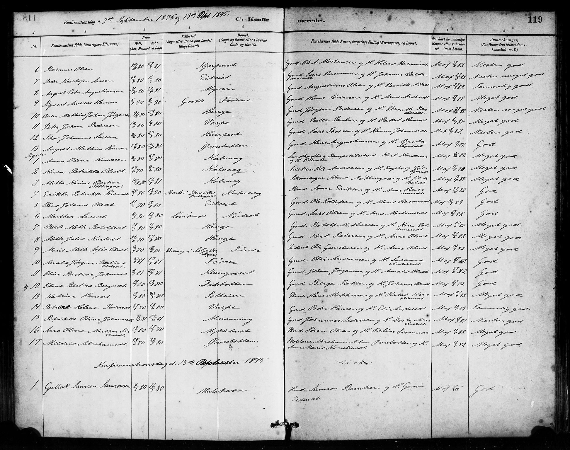 Bremanger sokneprestembete, AV/SAB-A-82201/H/Haa/Haab/L0001: Parish register (official) no. B 1, 1884-1895, p. 119