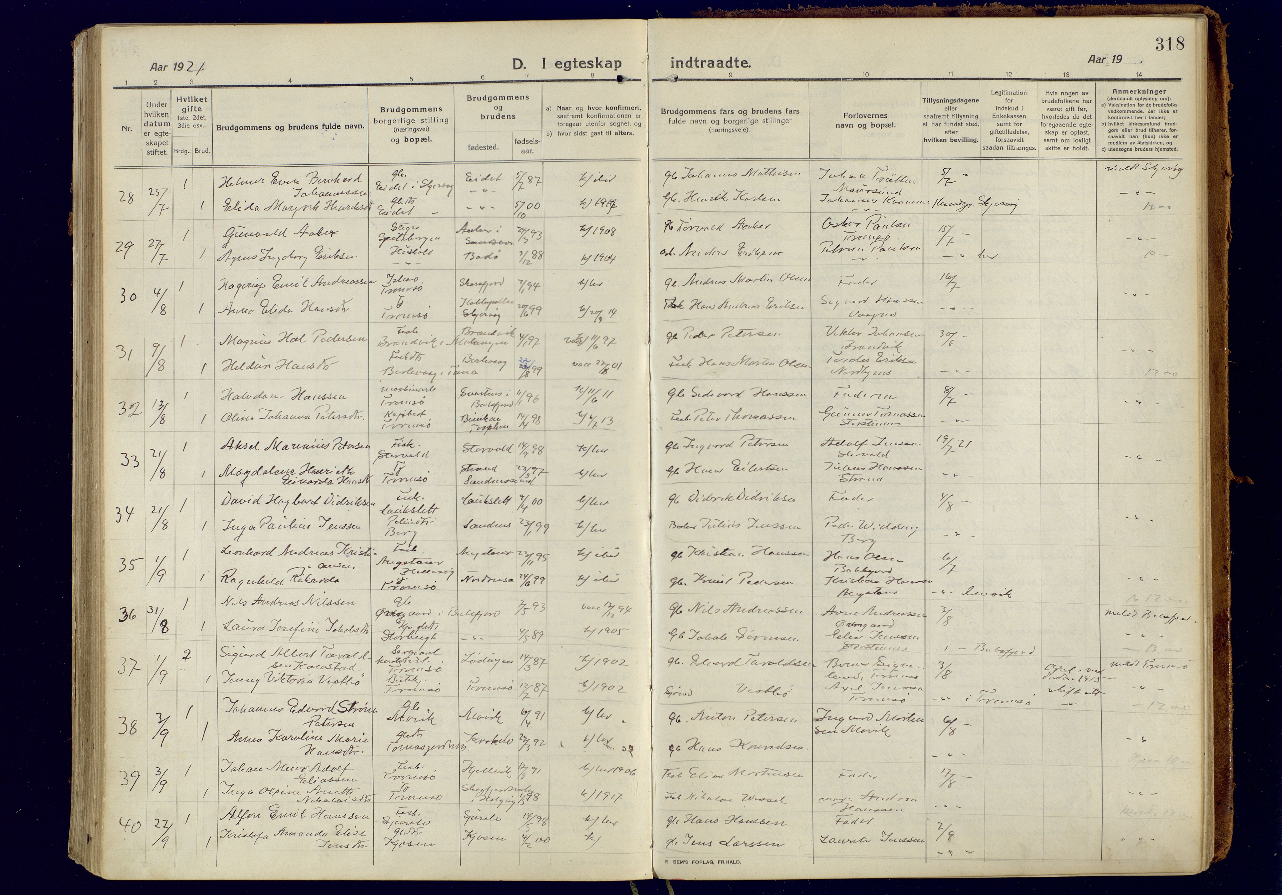 Tromsøysund sokneprestkontor, AV/SATØ-S-1304/G/Ga/L0008kirke: Parish register (official) no. 8, 1914-1922, p. 318