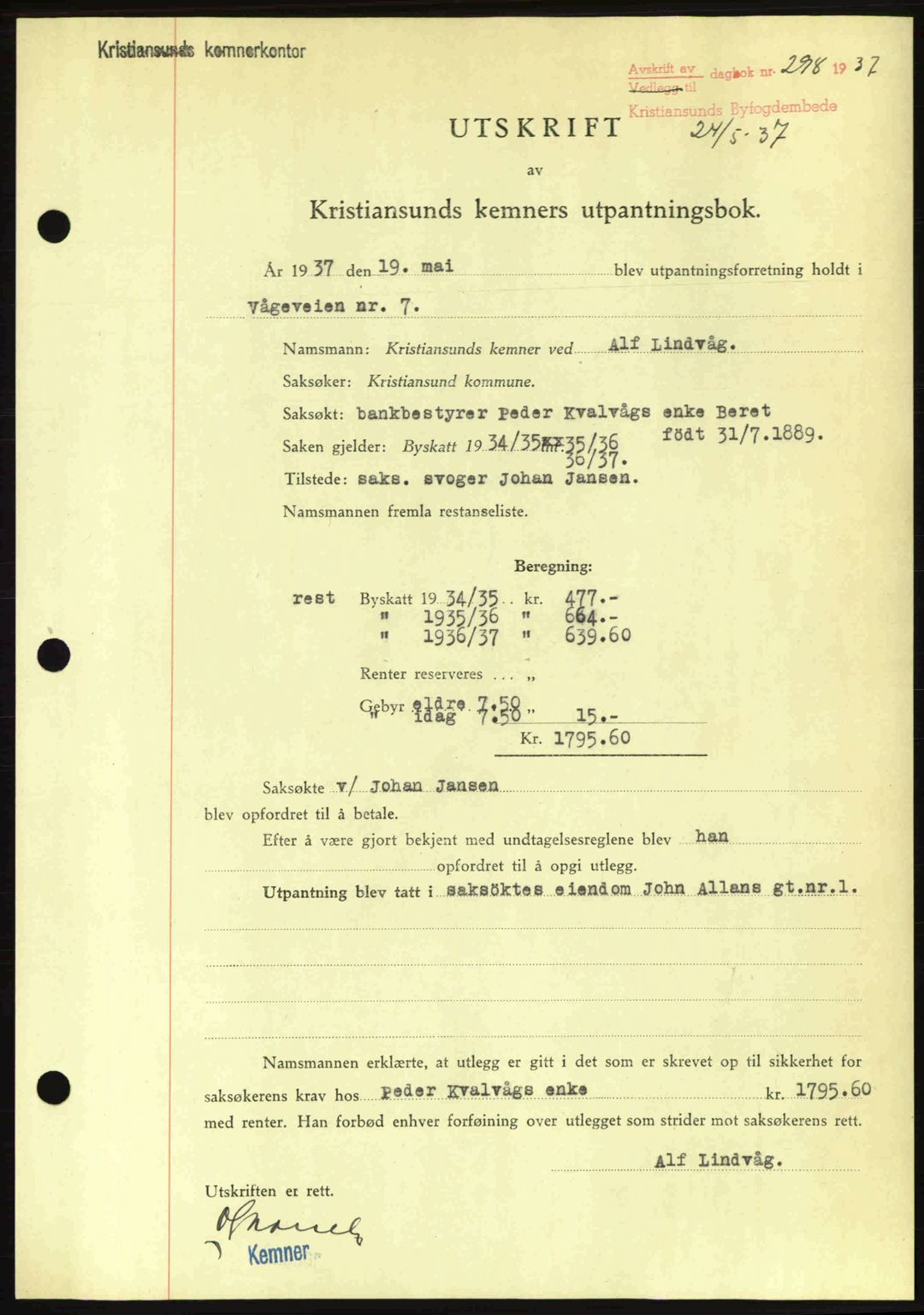 Kristiansund byfogd, AV/SAT-A-4587/A/27: Mortgage book no. 29, 1936-1937, Diary no: : 298/1937