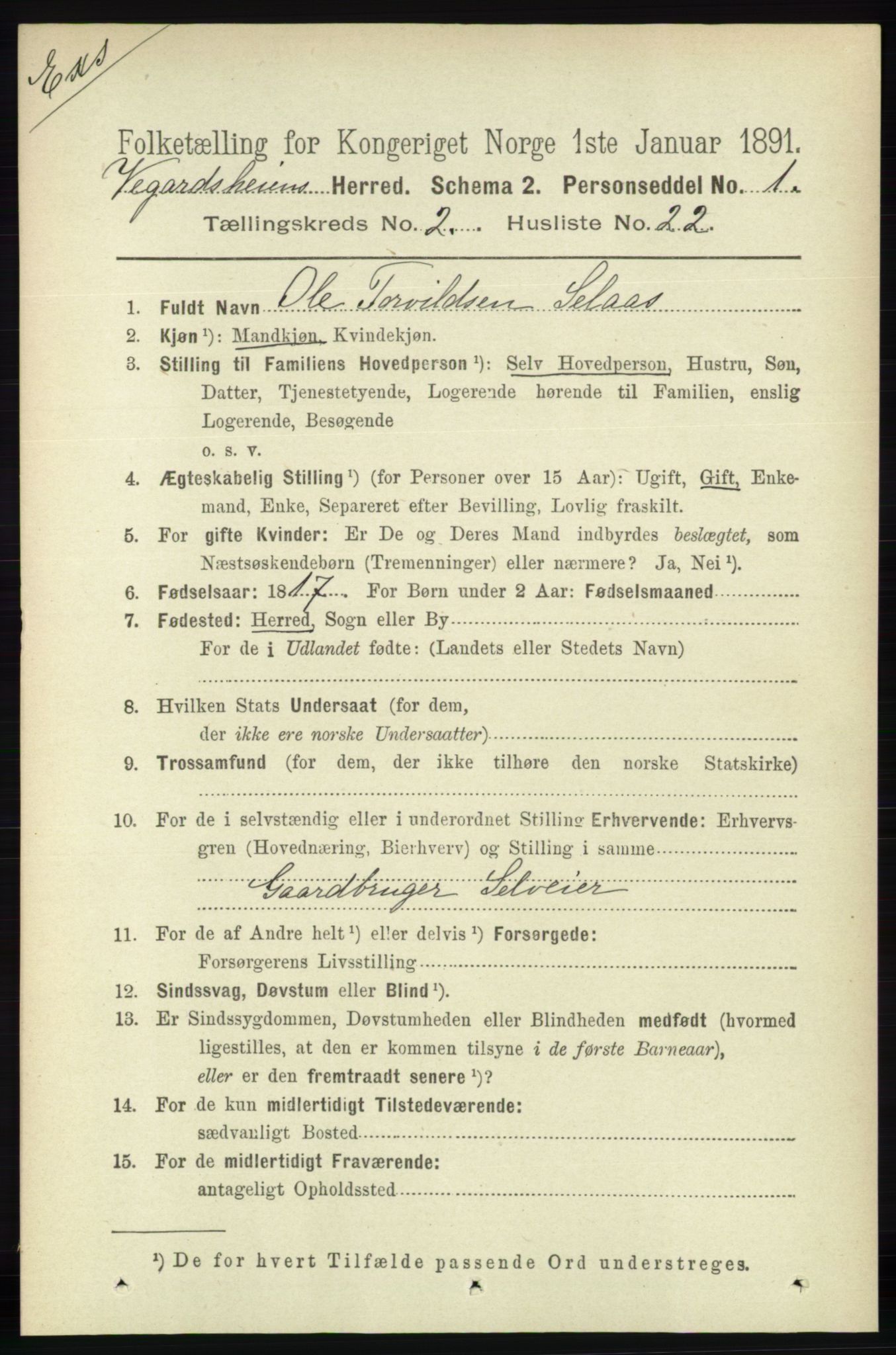 RA, Census 1891 for Nedenes amt: Gjenparter av personsedler for beslektede ektefeller, menn, 1891, p. 6