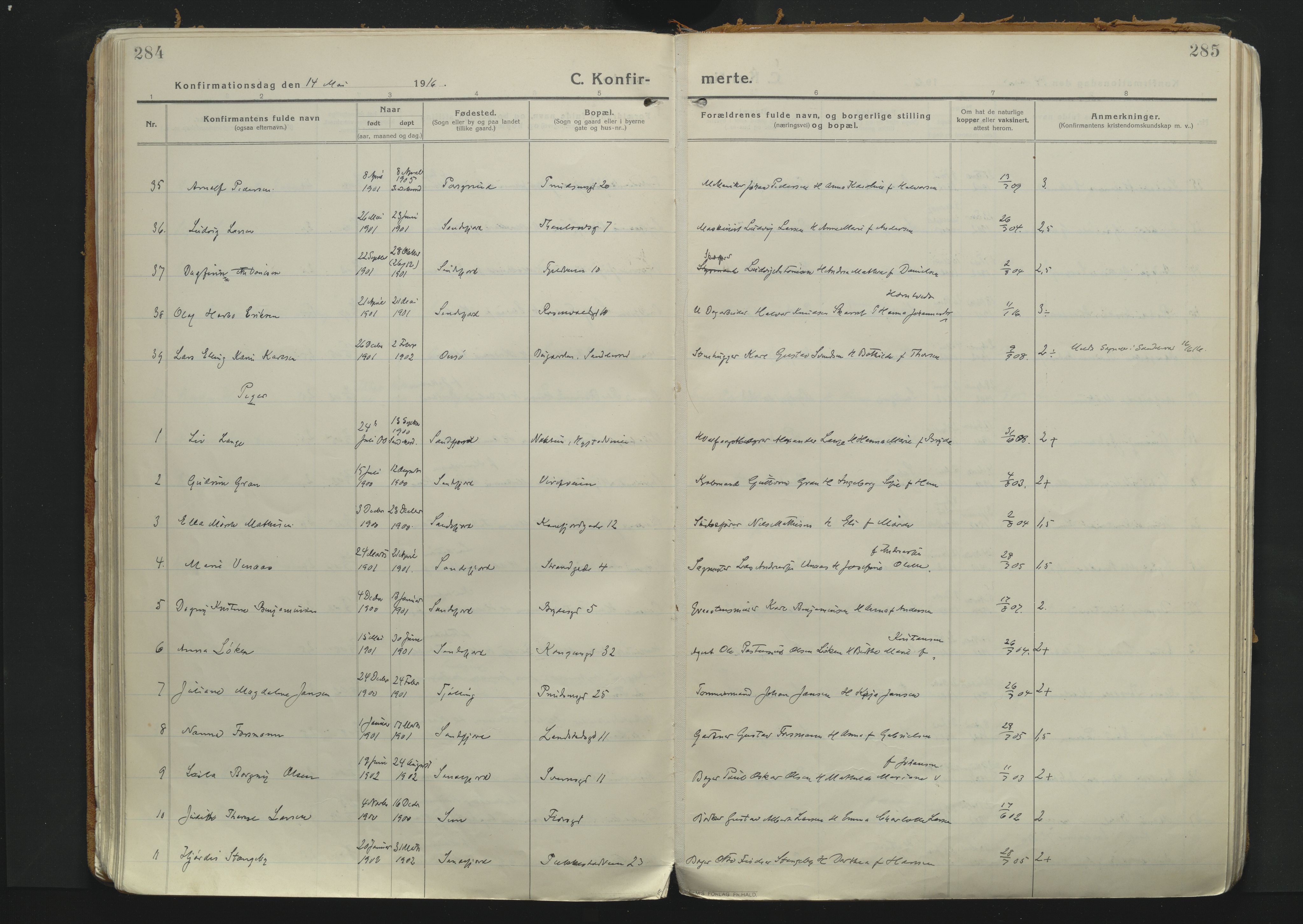 Sandefjord kirkebøker, AV/SAKO-A-315/F/Fa/L0007: Parish register (official) no. 7, 1916-1930, p. 284-285