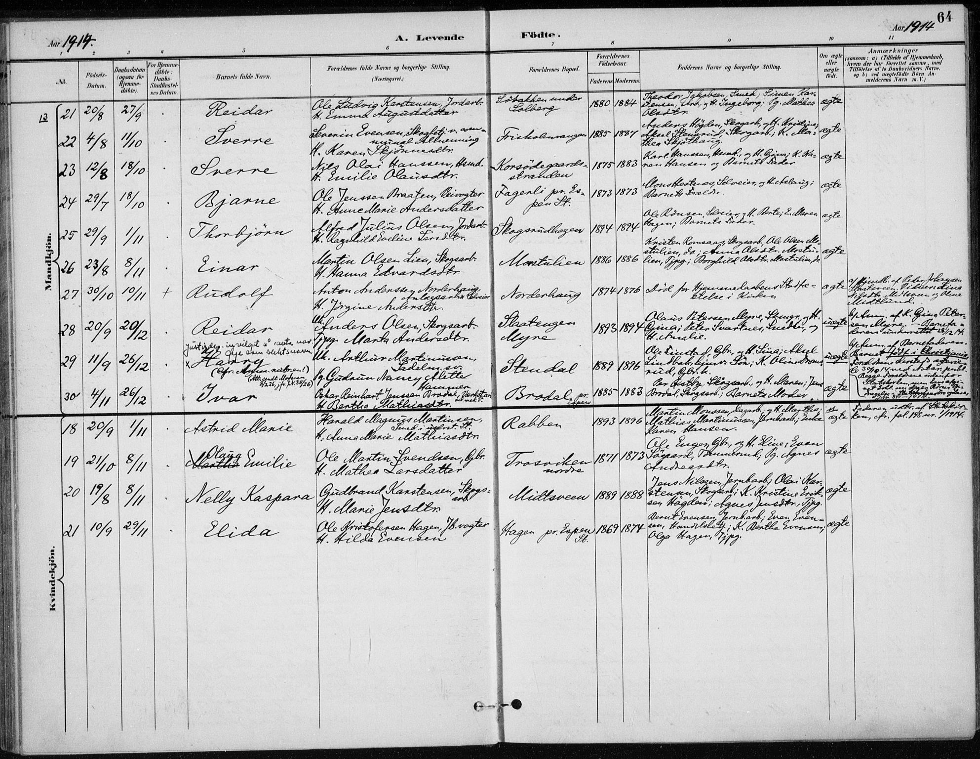 Stange prestekontor, AV/SAH-PREST-002/K/L0023: Parish register (official) no. 23, 1897-1920, p. 64