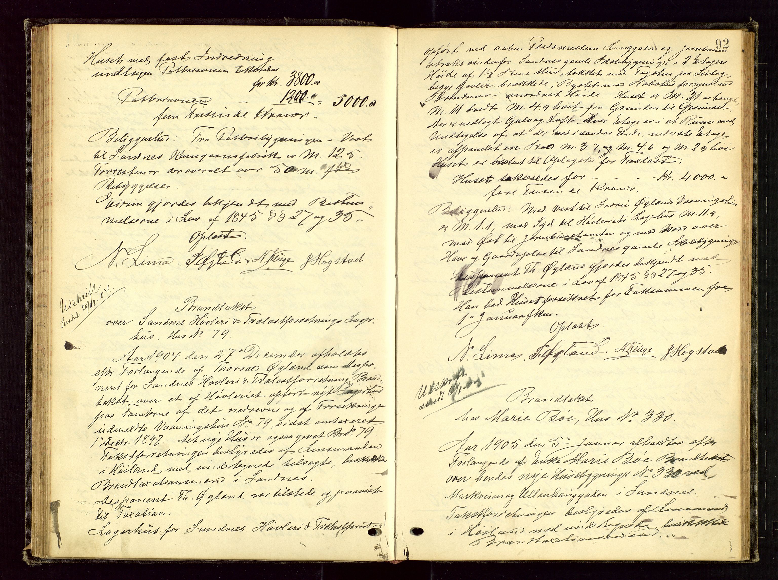 Høyland/Sandnes lensmannskontor, AV/SAST-A-100166/Goc/L0003: "Brandtaxtprotokol", 1899-1909, p. 91b-92a