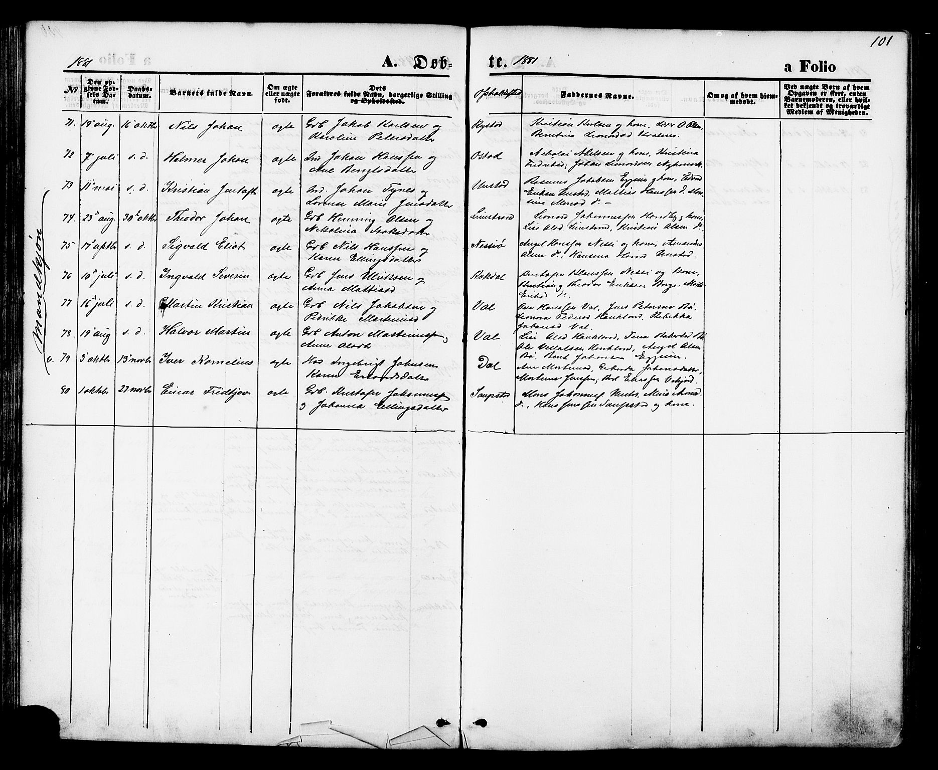 Ministerialprotokoller, klokkerbøker og fødselsregistre - Nordland, SAT/A-1459/880/L1132: Parish register (official) no. 880A06, 1869-1887, p. 101
