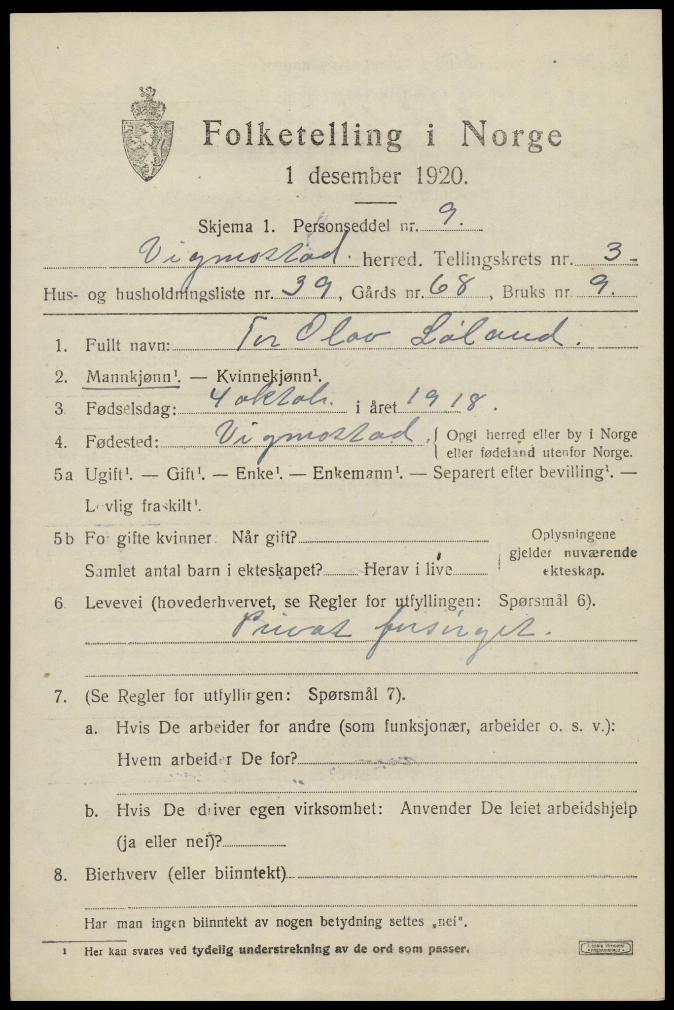 SAK, 1920 census for Vigmostad, 1920, p. 1151