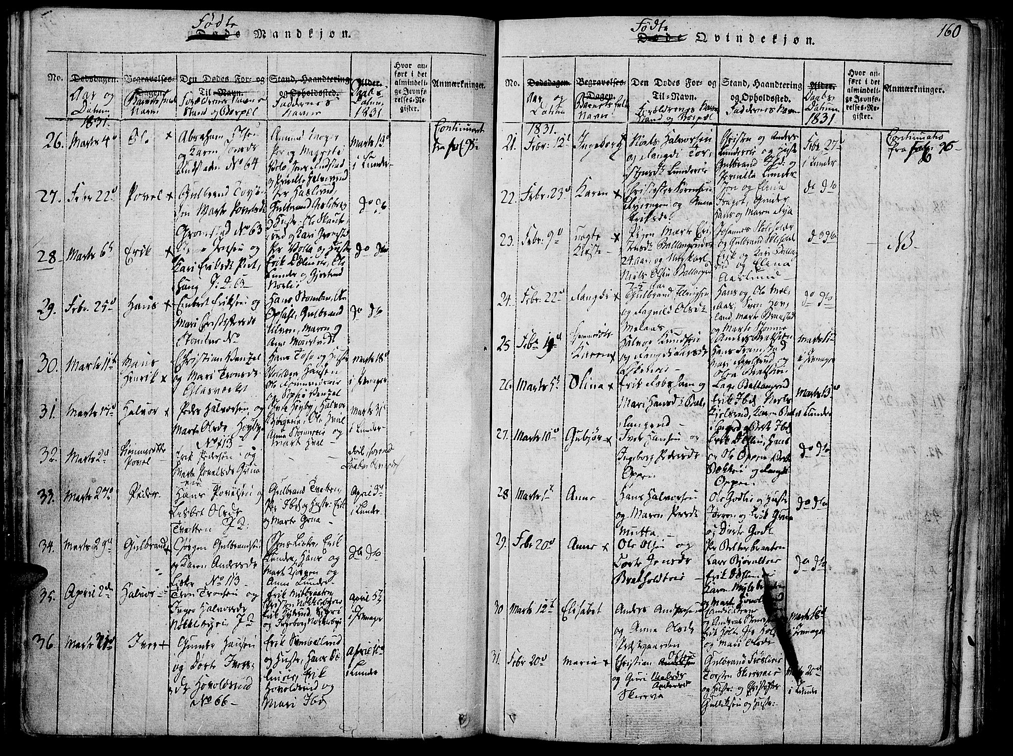 Jevnaker prestekontor, AV/SAH-PREST-116/H/Ha/Haa/L0005: Parish register (official) no. 5, 1815-1837, p. 160