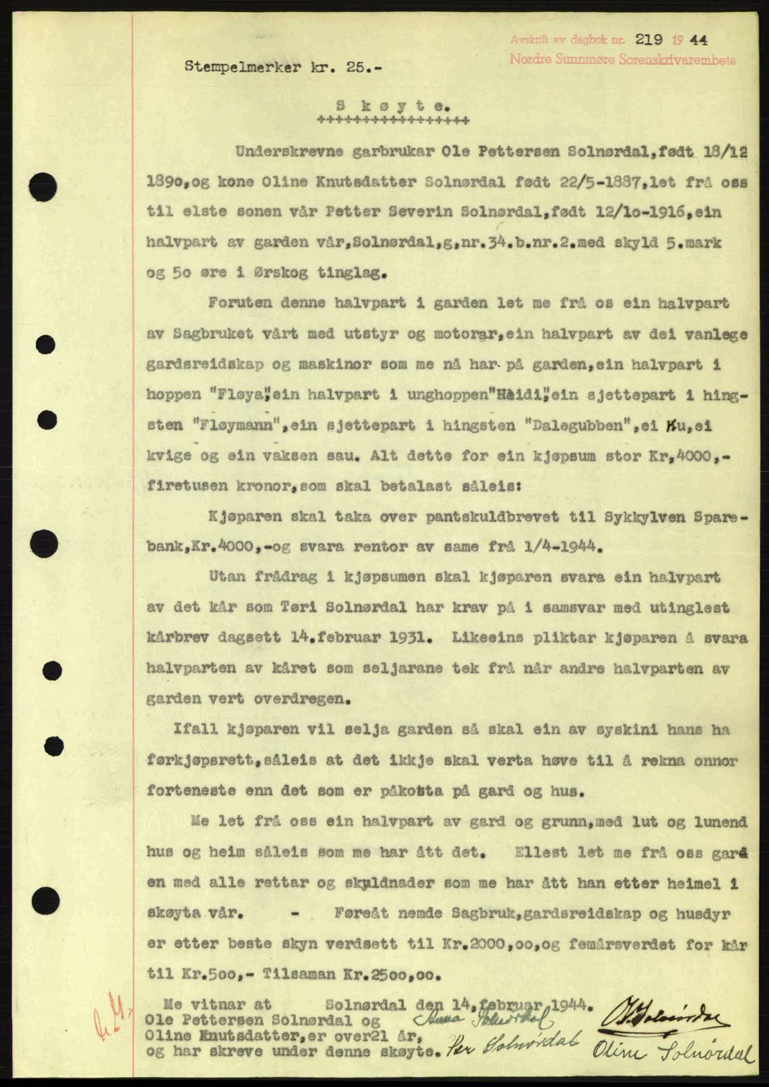 Nordre Sunnmøre sorenskriveri, AV/SAT-A-0006/1/2/2C/2Ca: Mortgage book no. A17, 1943-1944, Diary no: : 219/1944