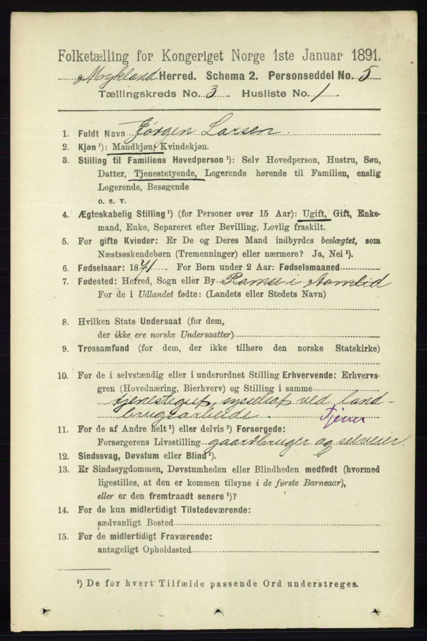 RA, 1891 census for 0932 Mykland, 1891, p. 570