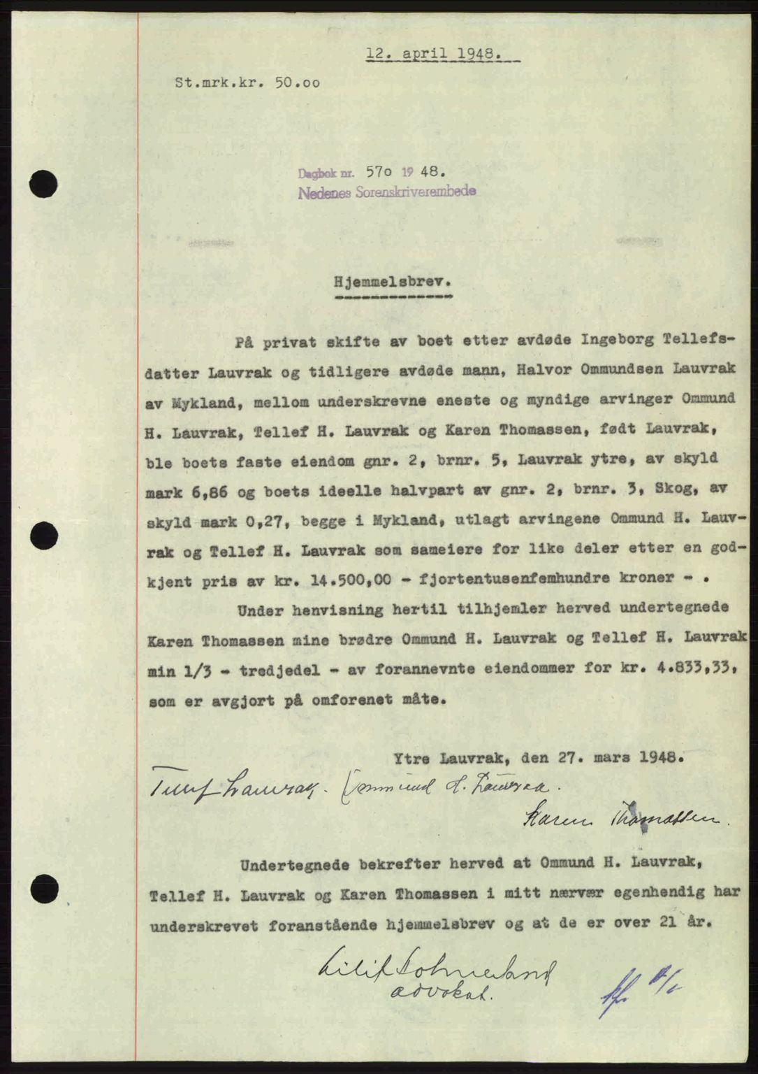 Nedenes sorenskriveri, AV/SAK-1221-0006/G/Gb/Gba/L0059: Mortgage book no. A11, 1948-1948, Diary no: : 570/1948
