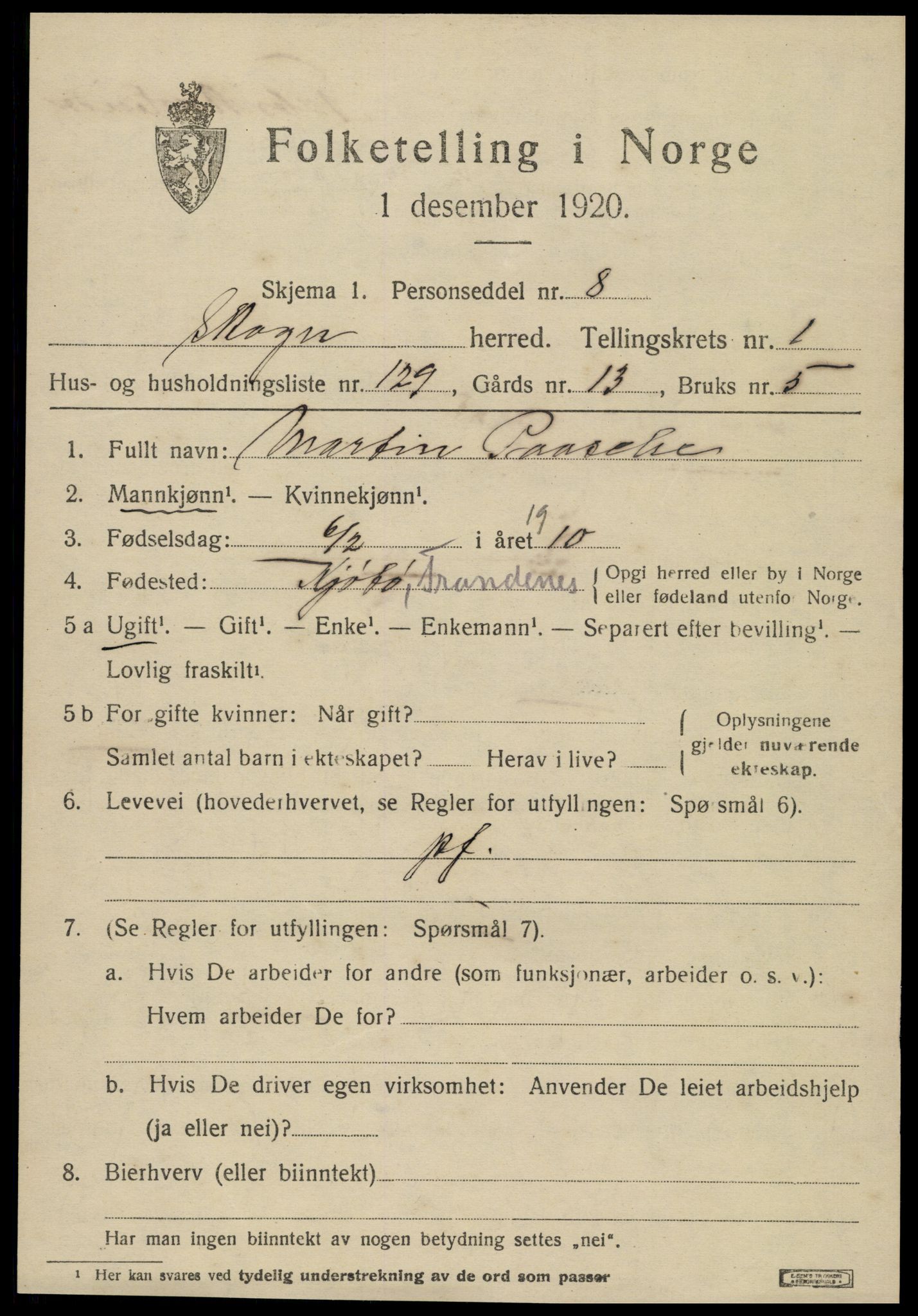 SAT, 1920 census for Skogn, 1920, p. 3023