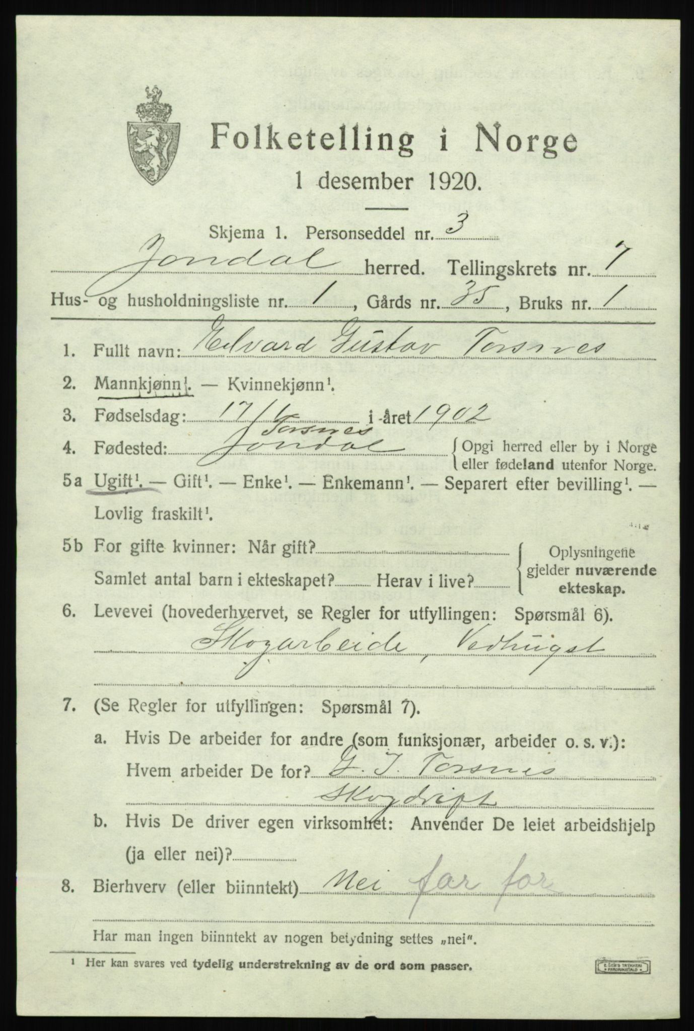 SAB, 1920 census for Jondal, 1920, p. 3760