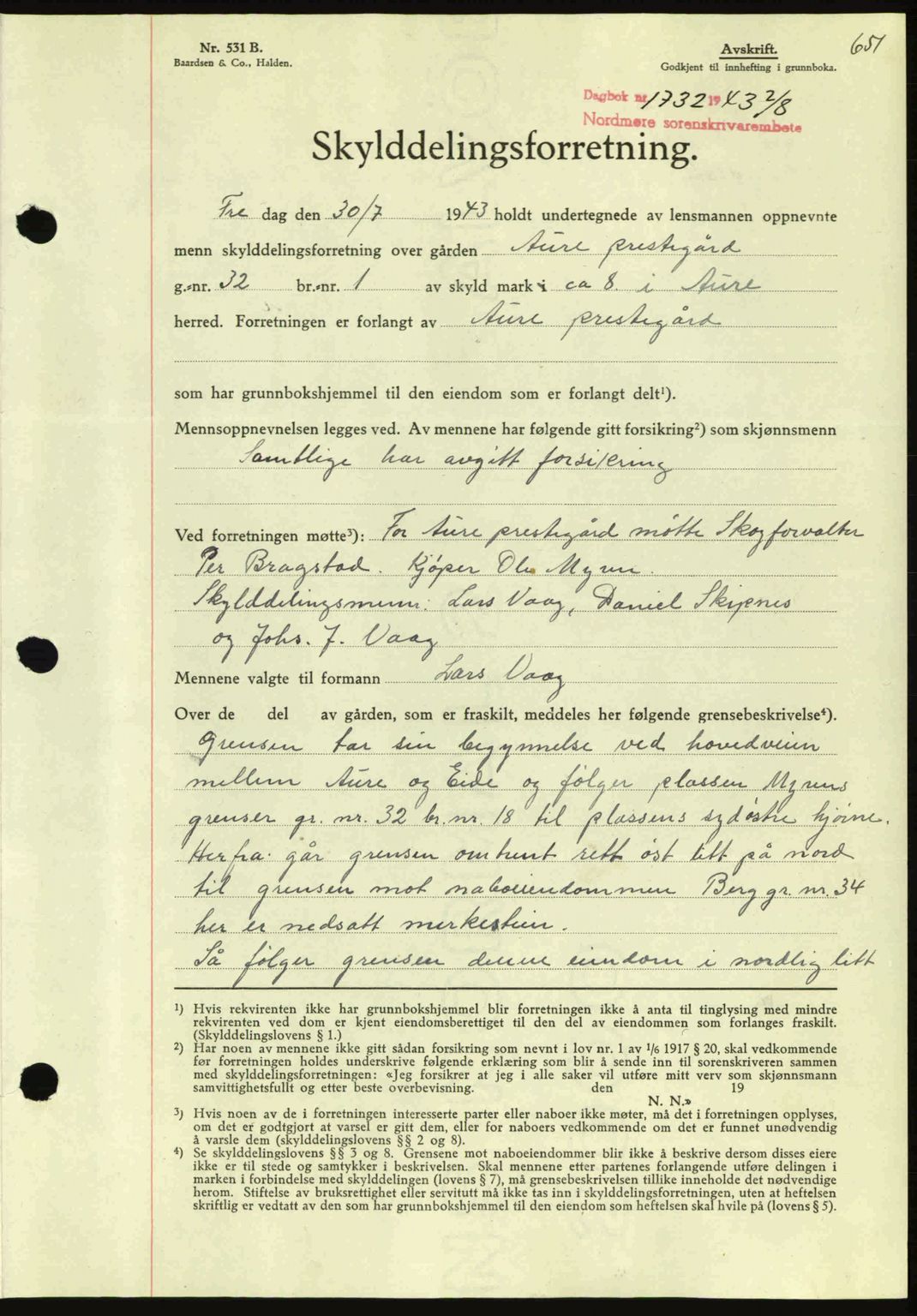 Nordmøre sorenskriveri, AV/SAT-A-4132/1/2/2Ca: Mortgage book no. A95, 1943-1943, Diary no: : 1732/1943