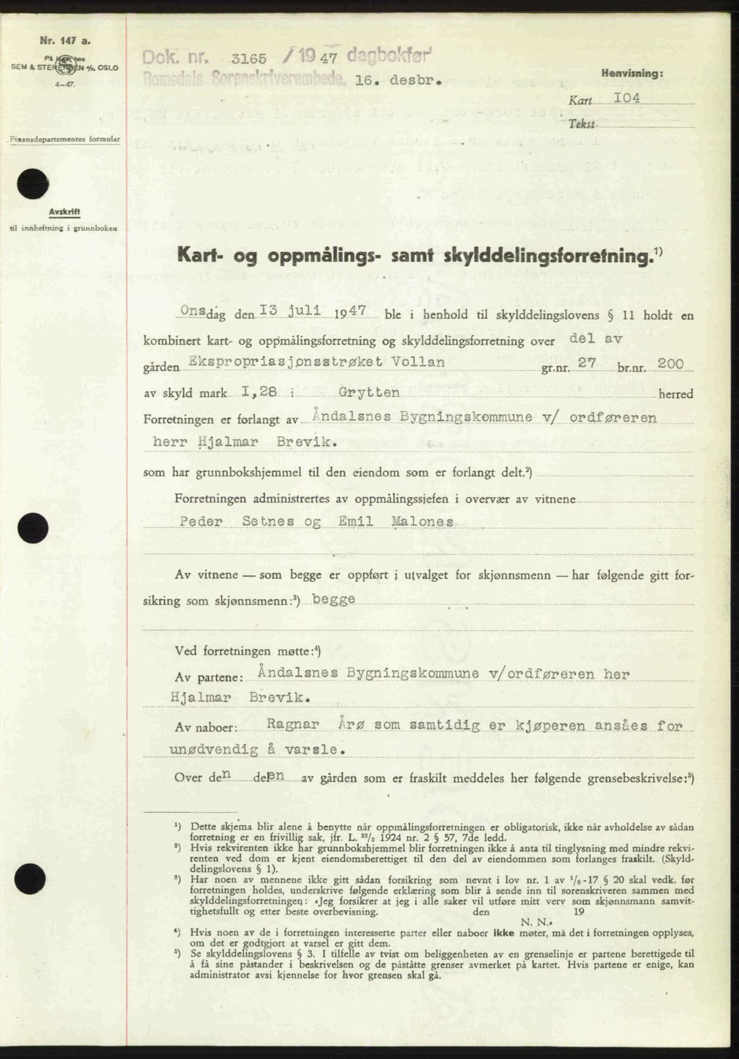 Romsdal sorenskriveri, AV/SAT-A-4149/1/2/2C: Mortgage book no. A24, 1947-1947, Diary no: : 3165/1947