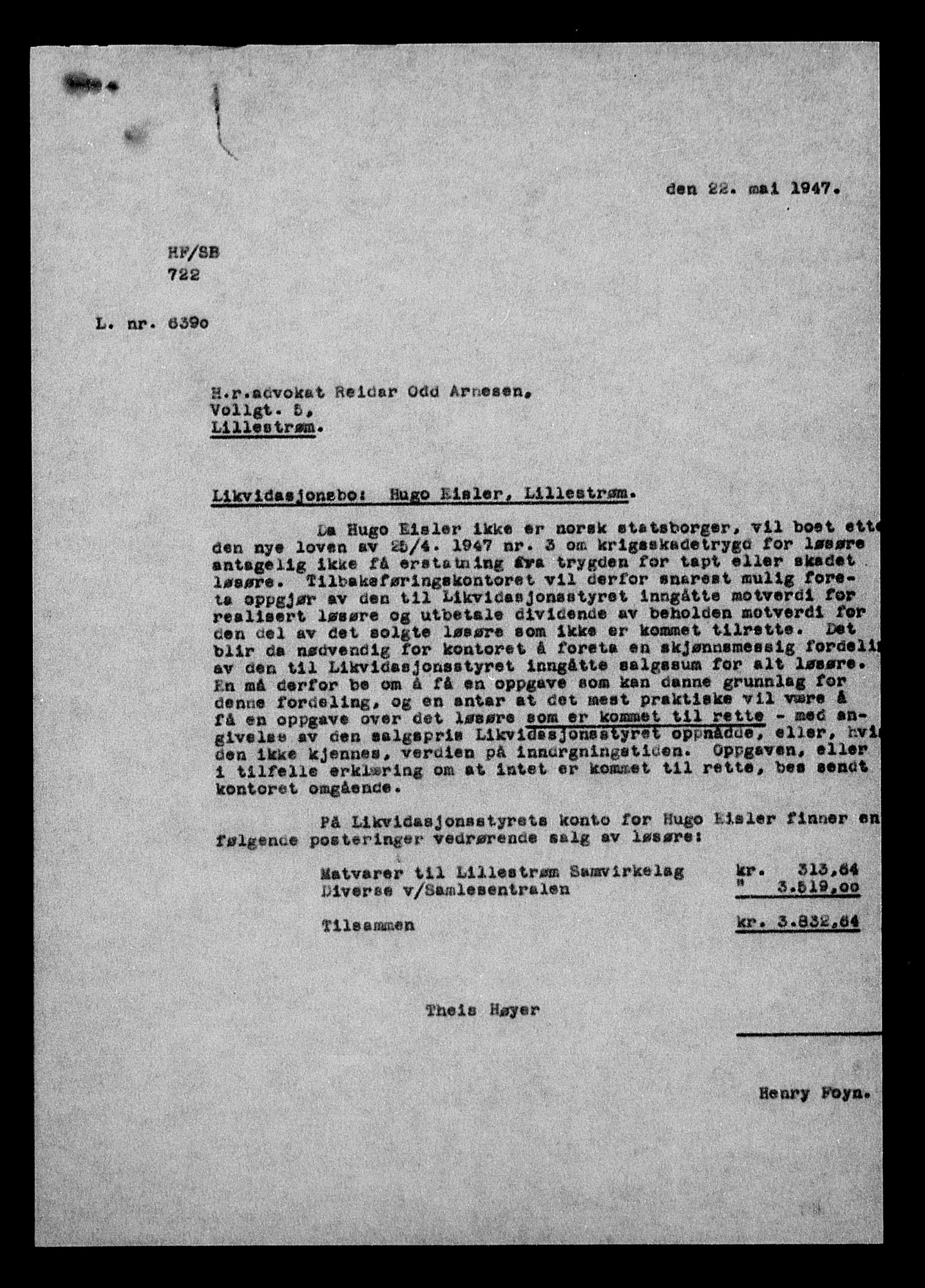 Justisdepartementet, Tilbakeføringskontoret for inndratte formuer, AV/RA-S-1564/H/Hc/Hcc/L0933: --, 1945-1947, p. 7