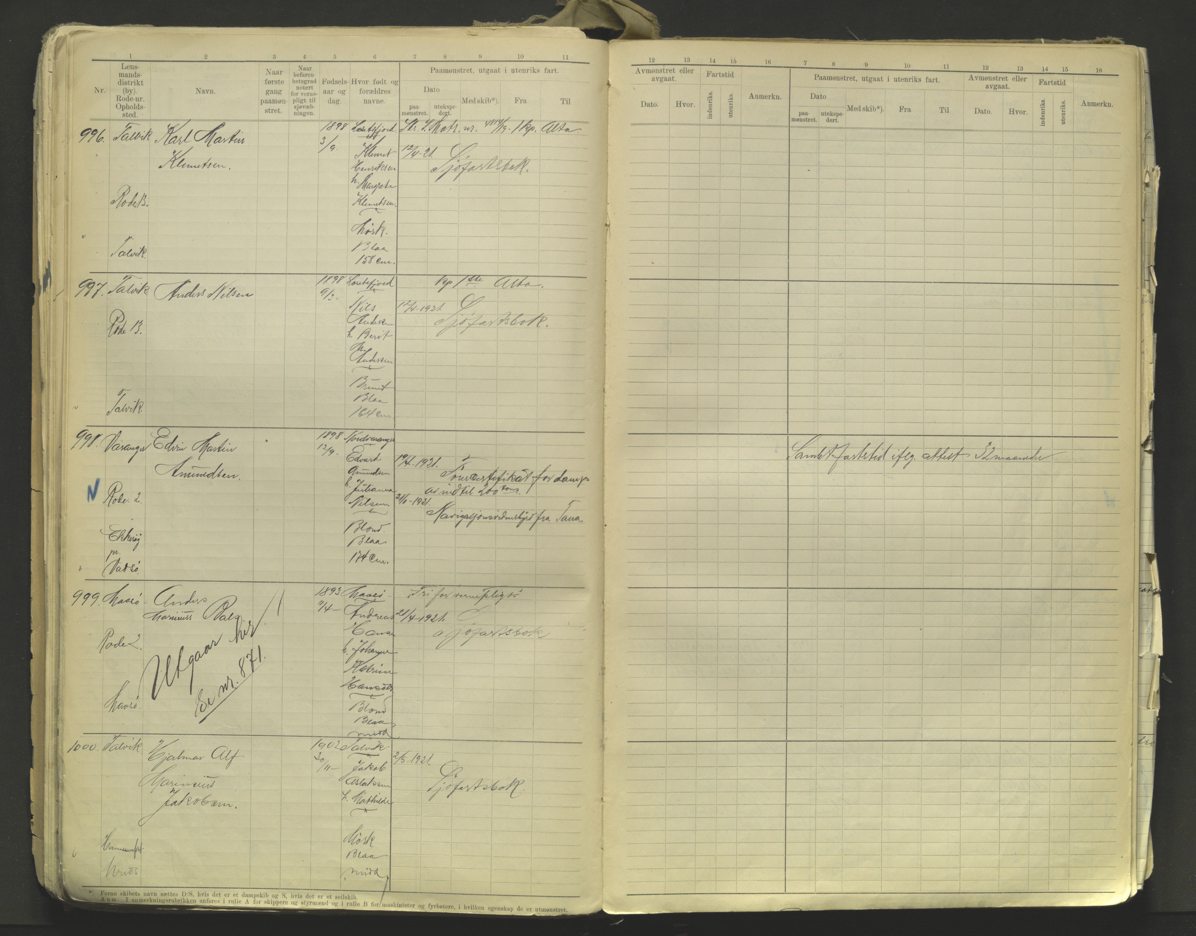 Tromsø sjømannskontor/innrullerings-/mønstringsdistrikt, AV/SATØ-S-0243/F/Fa/L0005: Annotasjonsrulle. Defekt: løse permer og ark Nr. 720-2154, 1917-1948