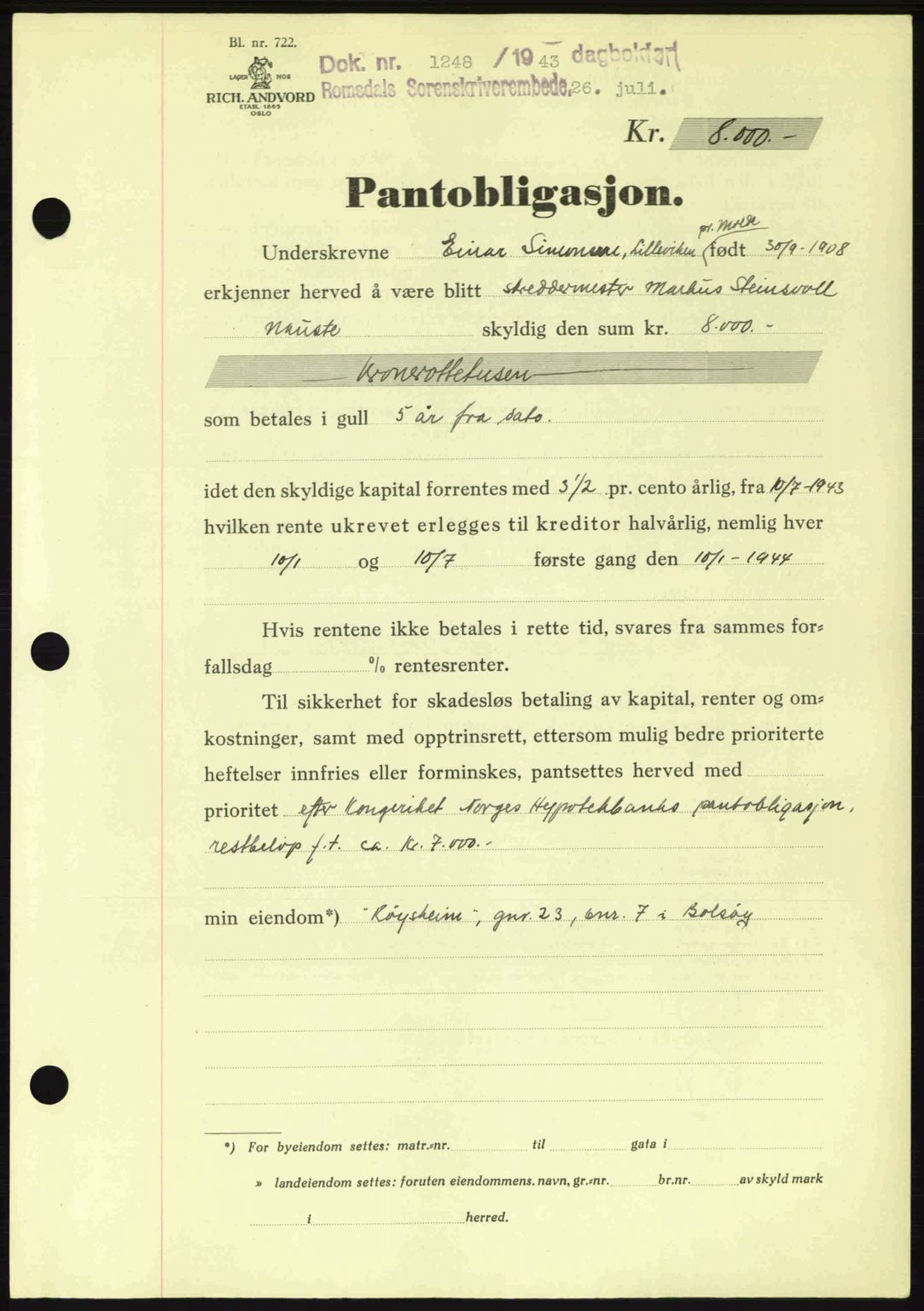 Romsdal sorenskriveri, AV/SAT-A-4149/1/2/2C: Mortgage book no. B2, 1939-1945, Diary no: : 1248/1943