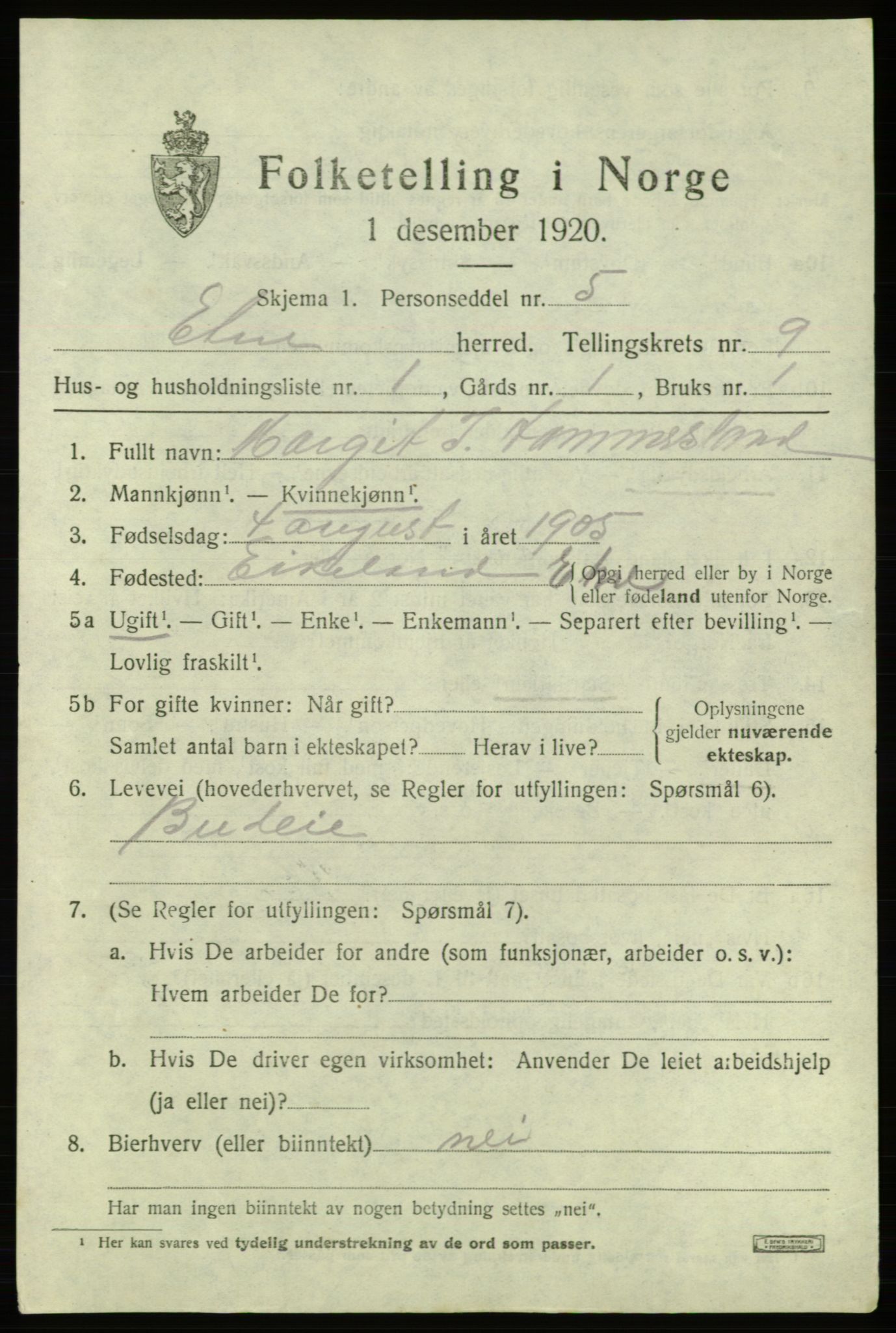 SAB, 1920 census for Etne, 1920, p. 3929