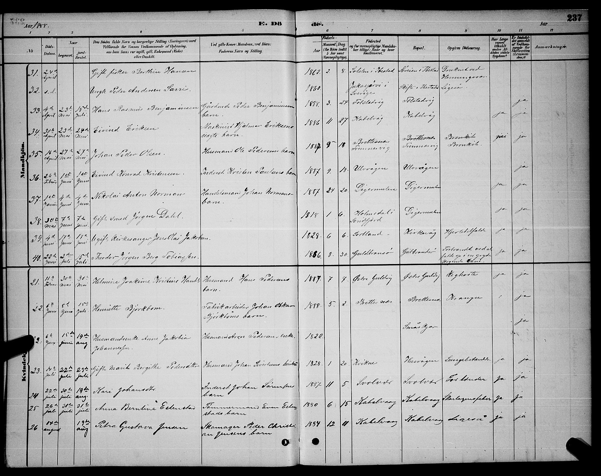 Ministerialprotokoller, klokkerbøker og fødselsregistre - Nordland, AV/SAT-A-1459/874/L1076: Parish register (copy) no. 874C05, 1884-1890, p. 237