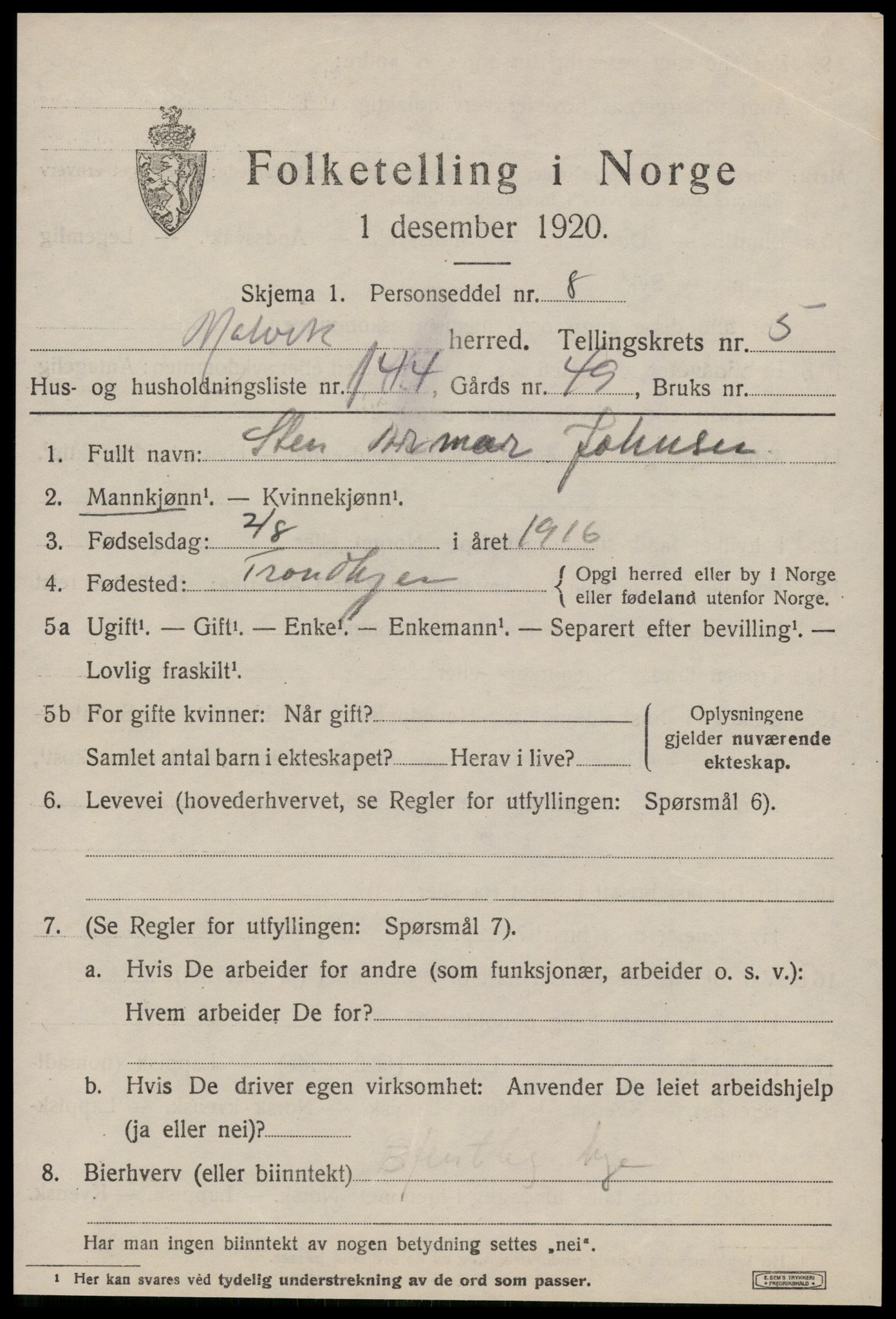 SAT, 1920 census for Malvik, 1920, p. 5320